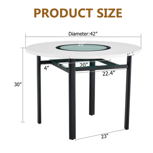42 Inch Modern Minimalist White Desktop Round Dining Table Suitable For 4-6 People   Gray Glass Inlay  Metal Stable Bracket, Suitable For Multiple Scenarios  .