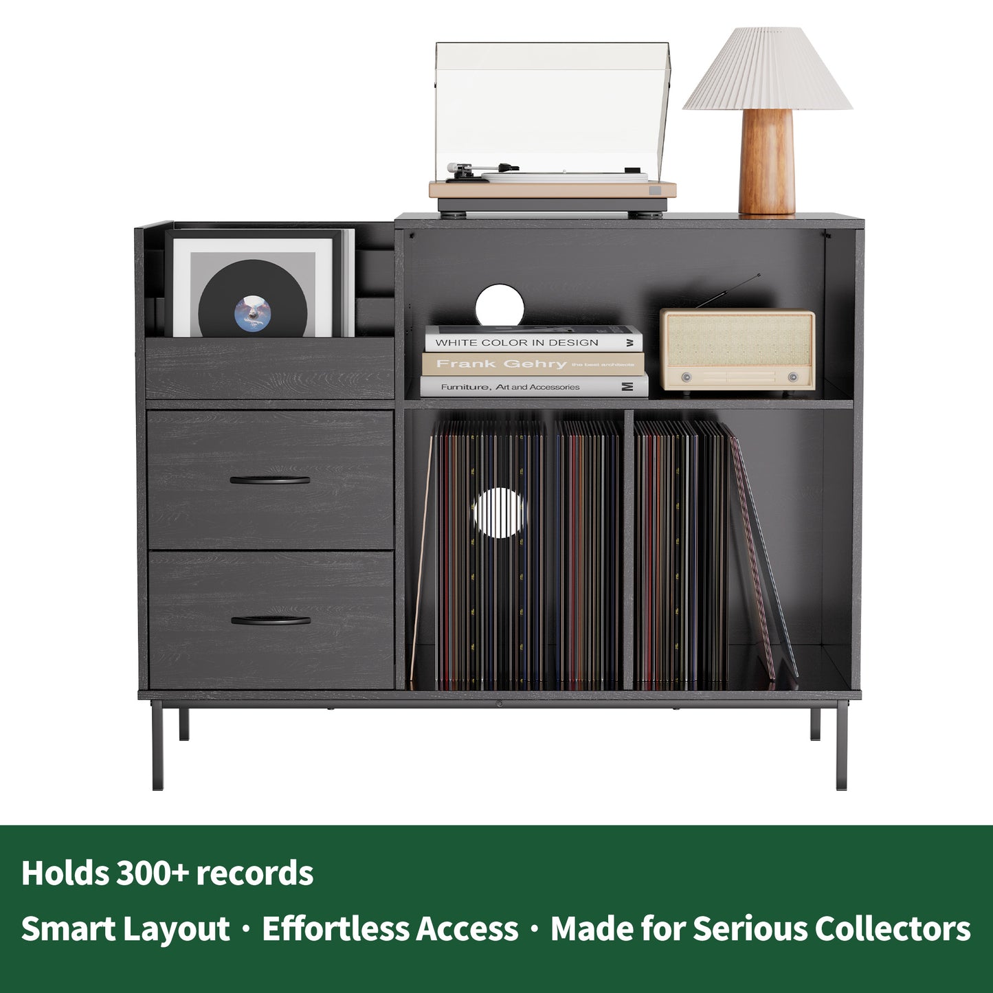 Eco-Friendly Record Player Stand With Flip-Top - Wood Vinyl Storage Cabinet With 2-Outlet Power Strip, Drawers & Dustproof Cubbies, Media Console For Living Room Study, Black