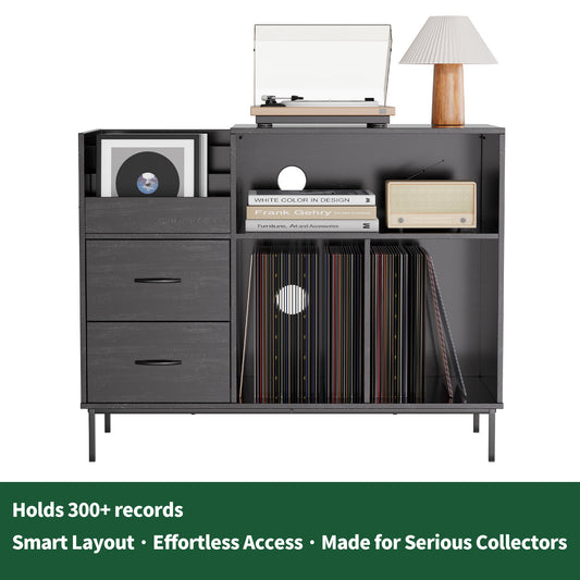 Eco-Friendly Record Player Stand With Flip-Top - Wood Vinyl Storage Cabinet With 2-Outlet Power Strip, Drawers & Dustproof Cubbies, Media Console For Living Room Study, Black