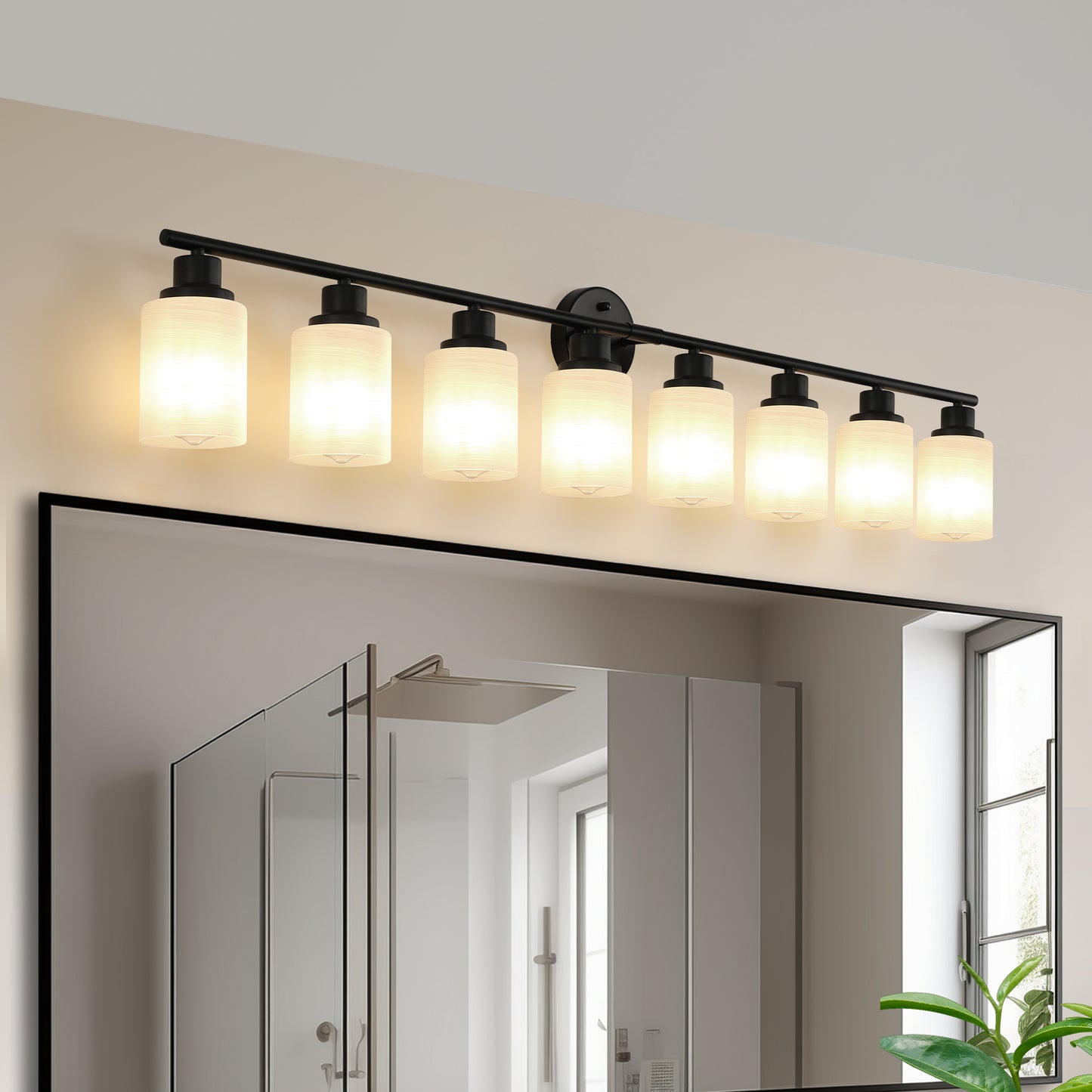 52  Modern 8-Light Vanity Bathroom Mirror Light, Frosted White Glass With Black Iron Frame, Contemporary Wall Sconce For Bedroom, Bathroom, And Dressing Room  Bulb Not Included