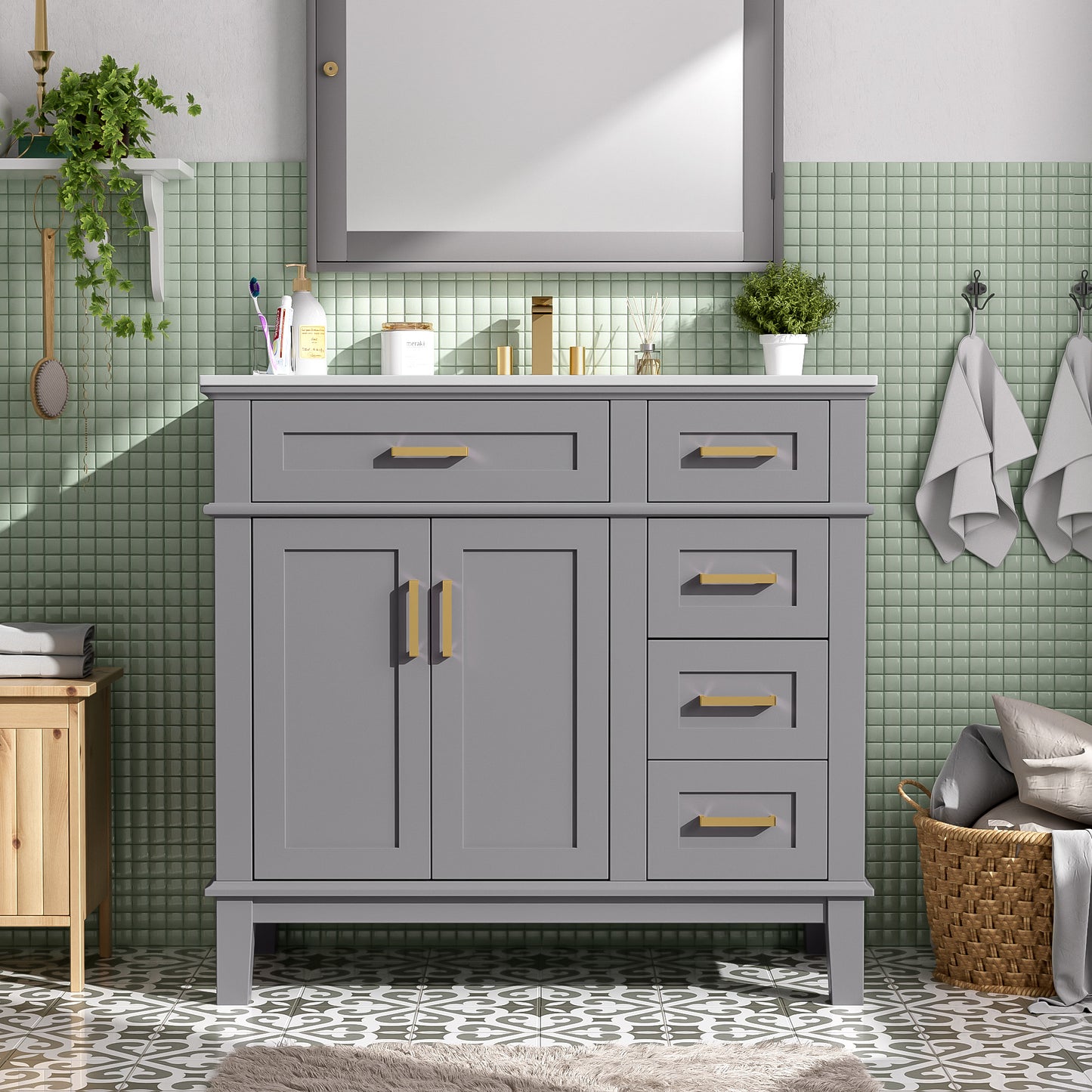36  Gray Modern Bathroom Vanity With Ceramic Sink, Soft-Close Door, And 4 Storage Drawers ,offering A Refined Look With Practical Everyday Functionality. Old SKU N729P253935E