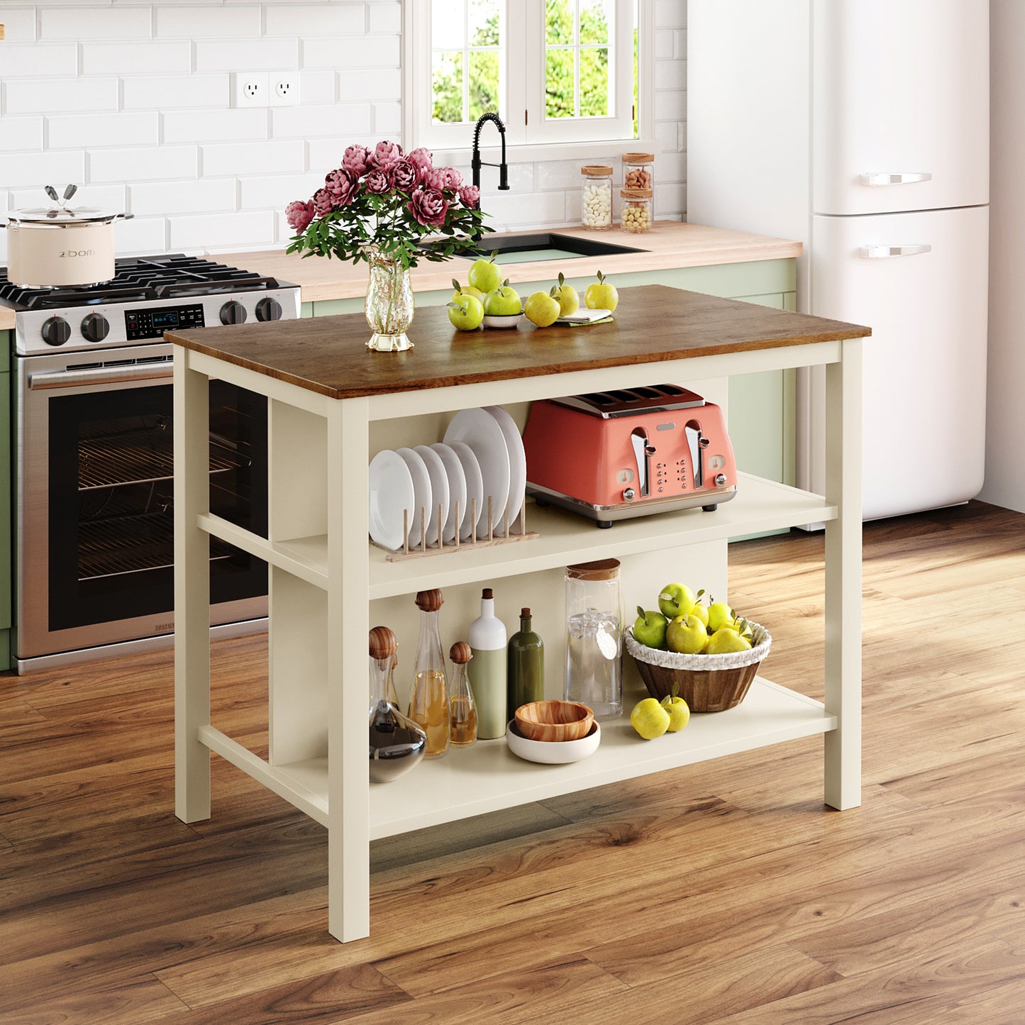 TOPMAx Solid Wood Rustic 45  Stationary Kitchen Island  Rubber Wood Butcher Block Dining Table Prep Table With 2 Open Shelves For Small Places Walnut Cream White
