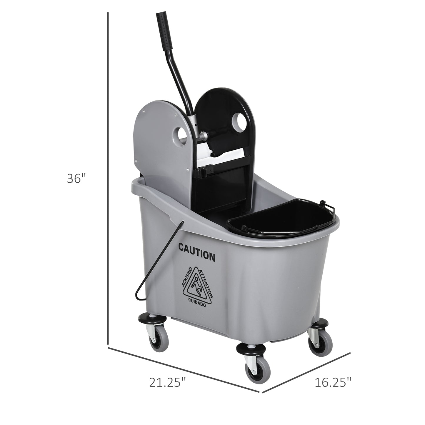 9.5 Gallon (38 Quart) Mop Bucket With Wringer Cleaning Cart, 4 Moving Wheels, 2 Separate Buckets, & Mop-Handle Holder, Grey