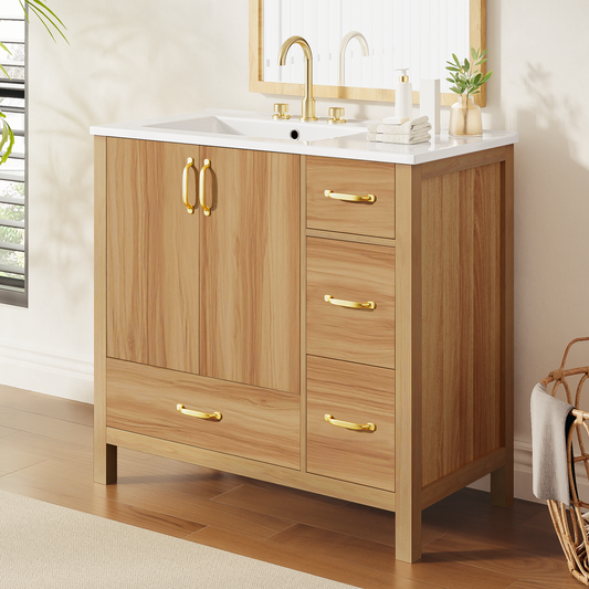 36  Wood Bathroom Vanity With Solid Wood Frame, 2 Soft Close Doors, 4Soft Close Drawers, Adjustable Shelf, Modern Storage Cabinet