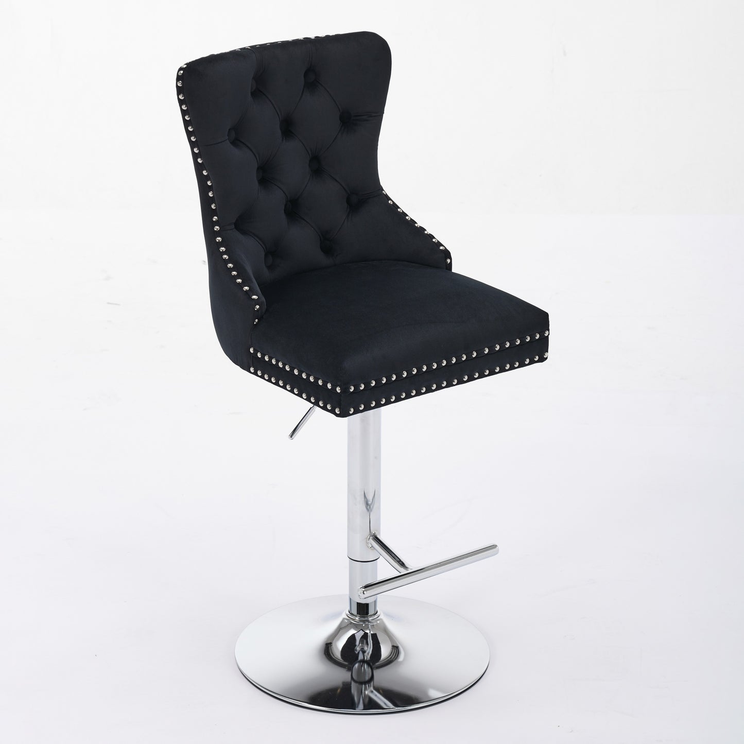 Thick Chrome Swivel Velvet Barstools,Adjustable 25-33 Height,Modern Upholstered With17.7 Base,Tufted Buttons&Diamond Pleating,Sponge&Spring Seat,for Home Pub&Kitchen Island Black, Set Of 2