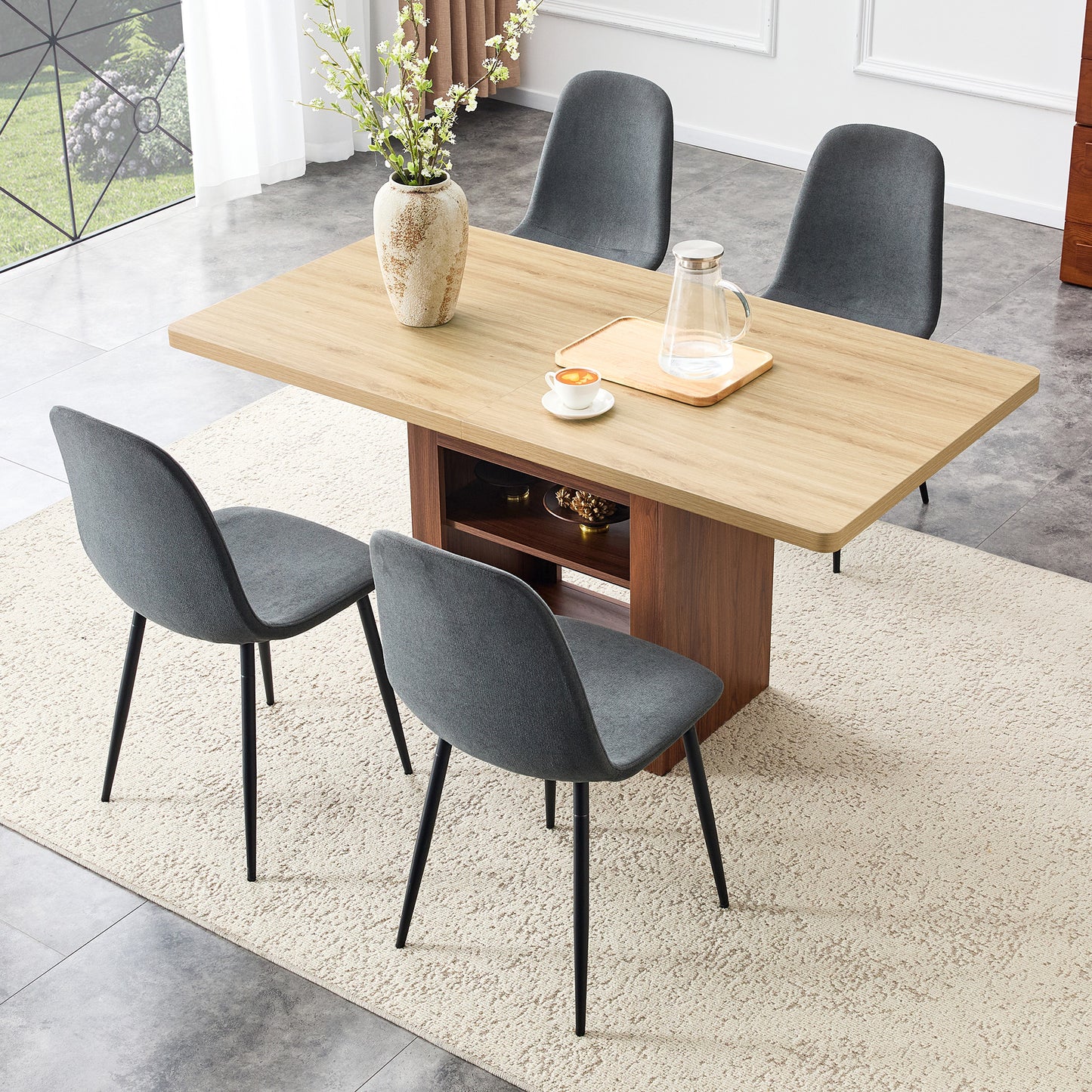 Scalable Dining Table And Chair Set, 59-71 Inch Pull-out Table, 4-piece Set Of Dark Gray Linen-Cotton Material Chairs, Modern Light Luxury Restaurant Furniture.Suitable For Restaurants, Kitchens, Etc.