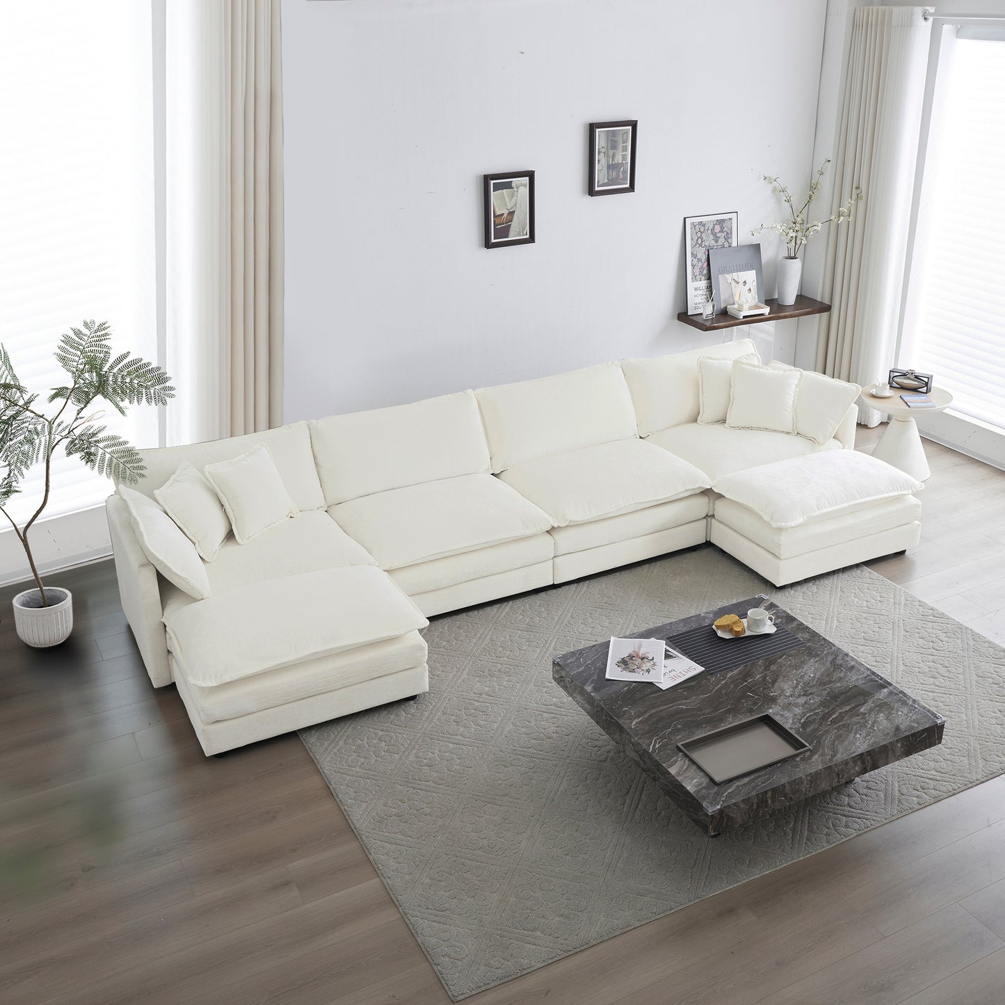 Comfort U Shaped Couch With Reversible Chaise, Modular Large U-Shape Sectional Sofa, Double Extra Ottomans,White Chenille