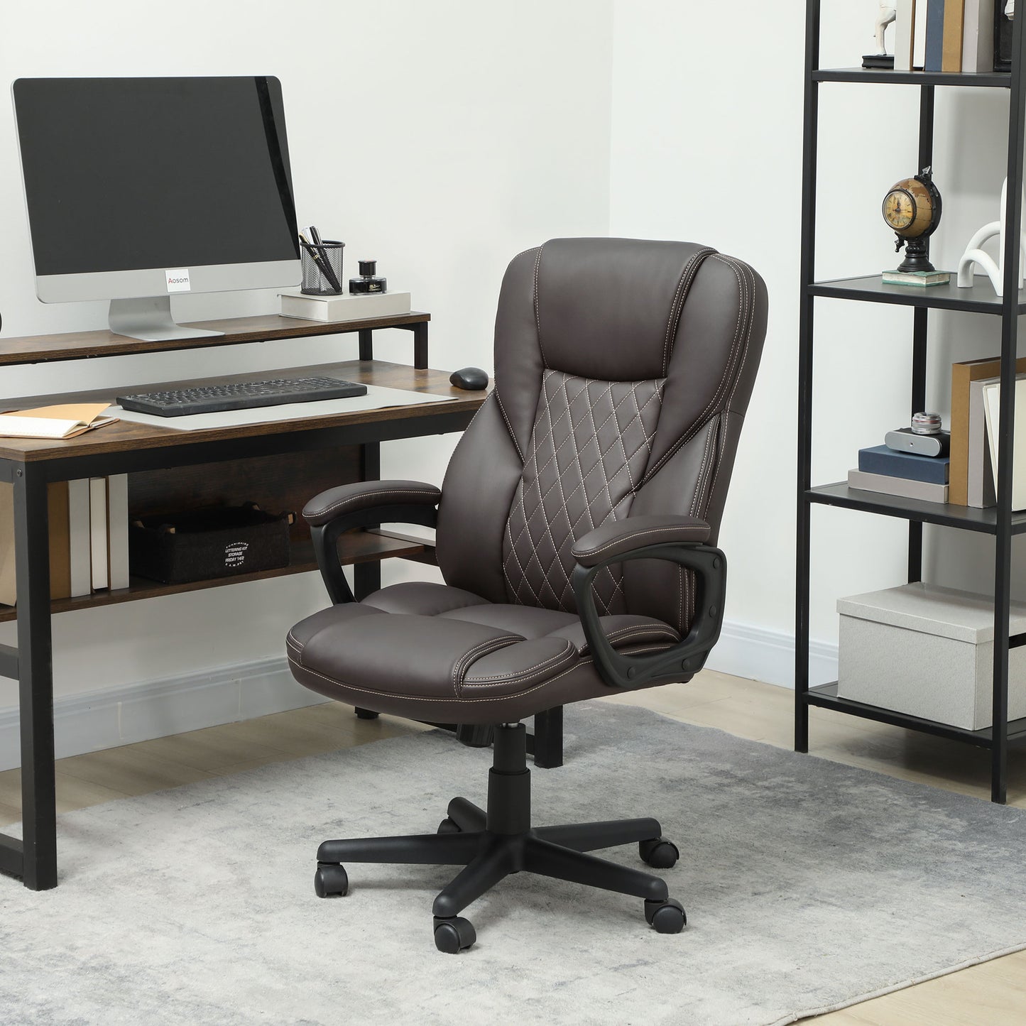 High Back Ergonomic Office Chair, PU Leather Executive Desk Chair With Adjustable Height And Swivel Wheels, Brown