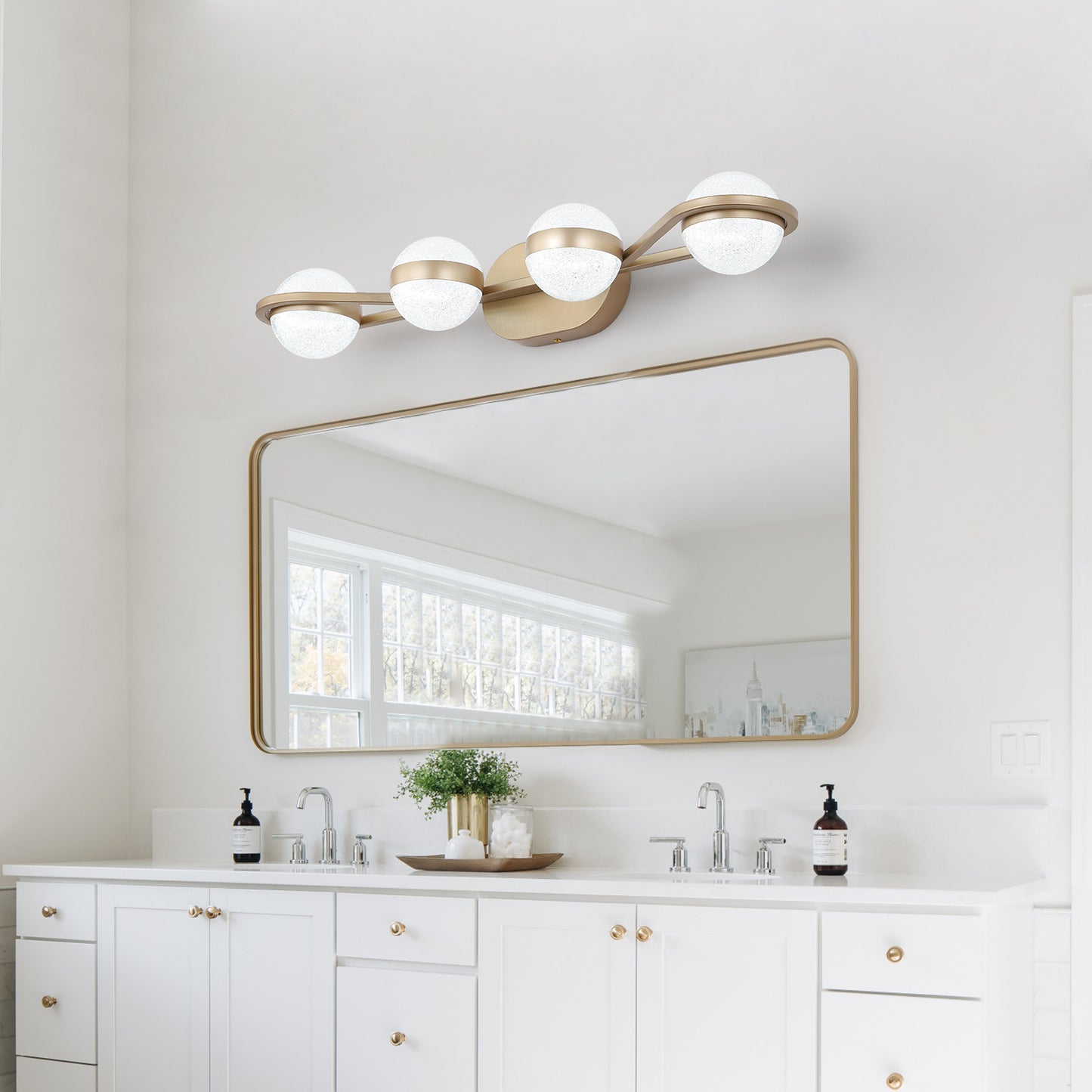 28in  Golden Minimalist LED Bathroom Vanity Light With Crystal Sand Acrylic Shades, 4-Light Wall Mounted Decorative Lighting Fixture, Suitable For Bathroom Vanity Mirror