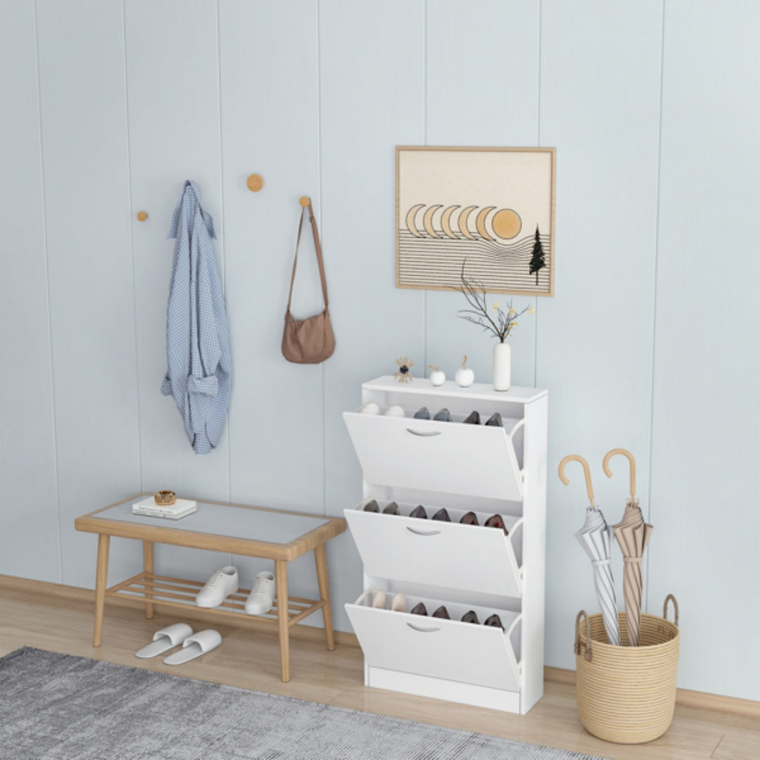 Shoe Cabinet For Entryway, White Narrow Shoe Storage Cabinet Flip Down Shoe Rack Wood 3 Tier Shoe Organizer For Home And Apartment