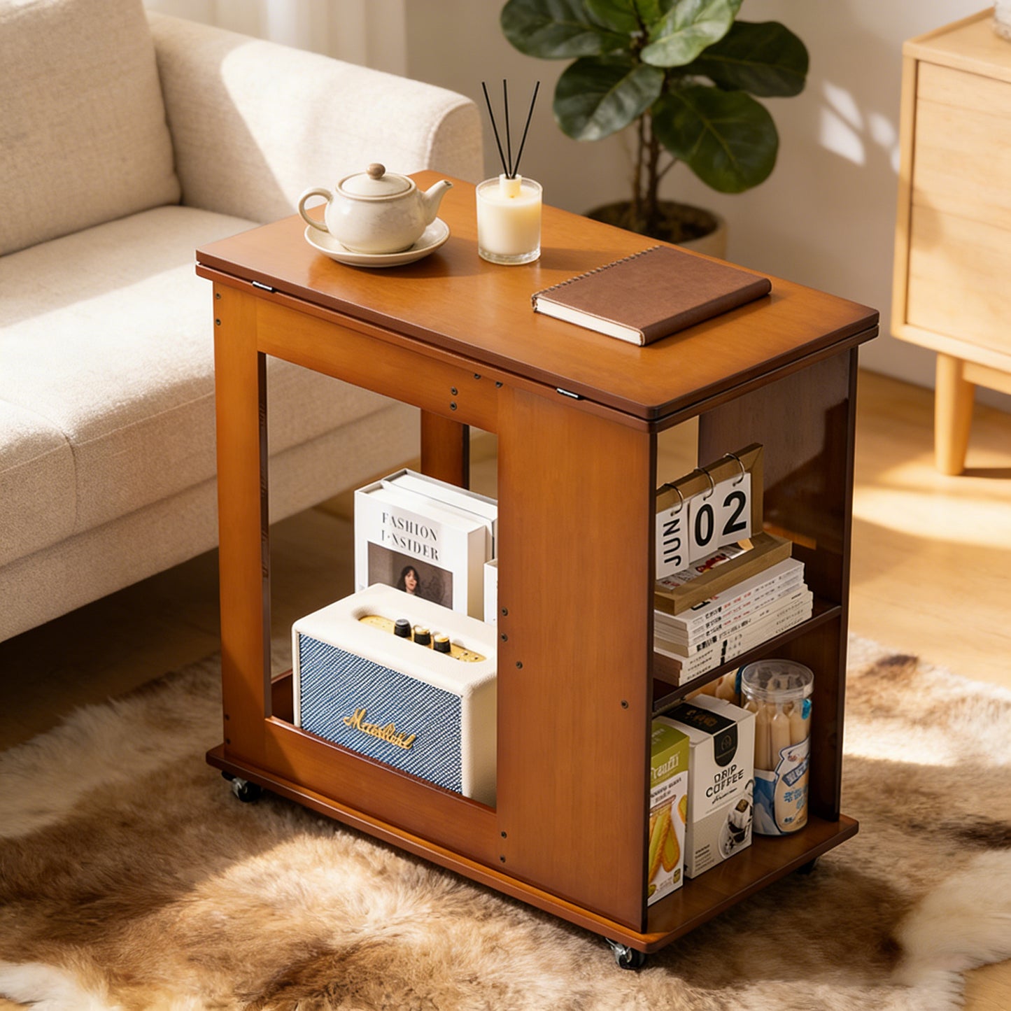 Bamboo Folding Edge Table With Movable Storage, Foldable Tabletop Suitable For Beds And Sofas, Saving Space, Multiple Storage Spaces, Natural Texture