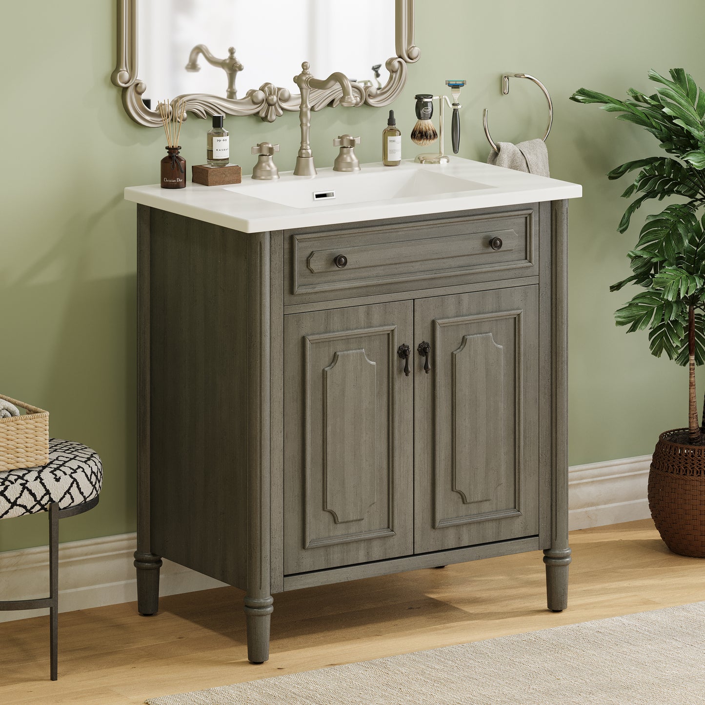 30 Inches Vintage Bathroom Vanity With Sink, Rustic Bathroom Cabinet With Soft Close Doors And Adjustable Shelf, Curved Profile Design, Rubber Wood Legs, Gray