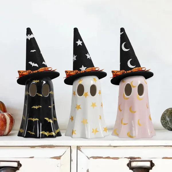 Halloween Decor Indoor, Set Of 3 Ceramic Ghosts With Witch Hats, Cute Spooky Ghost Figurines For Mantel, Shelf & Tabletop Decor, Halloween Decorations