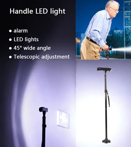 Collapsible Adjustable Height Cane With LED Light Alert Button Walking Stick