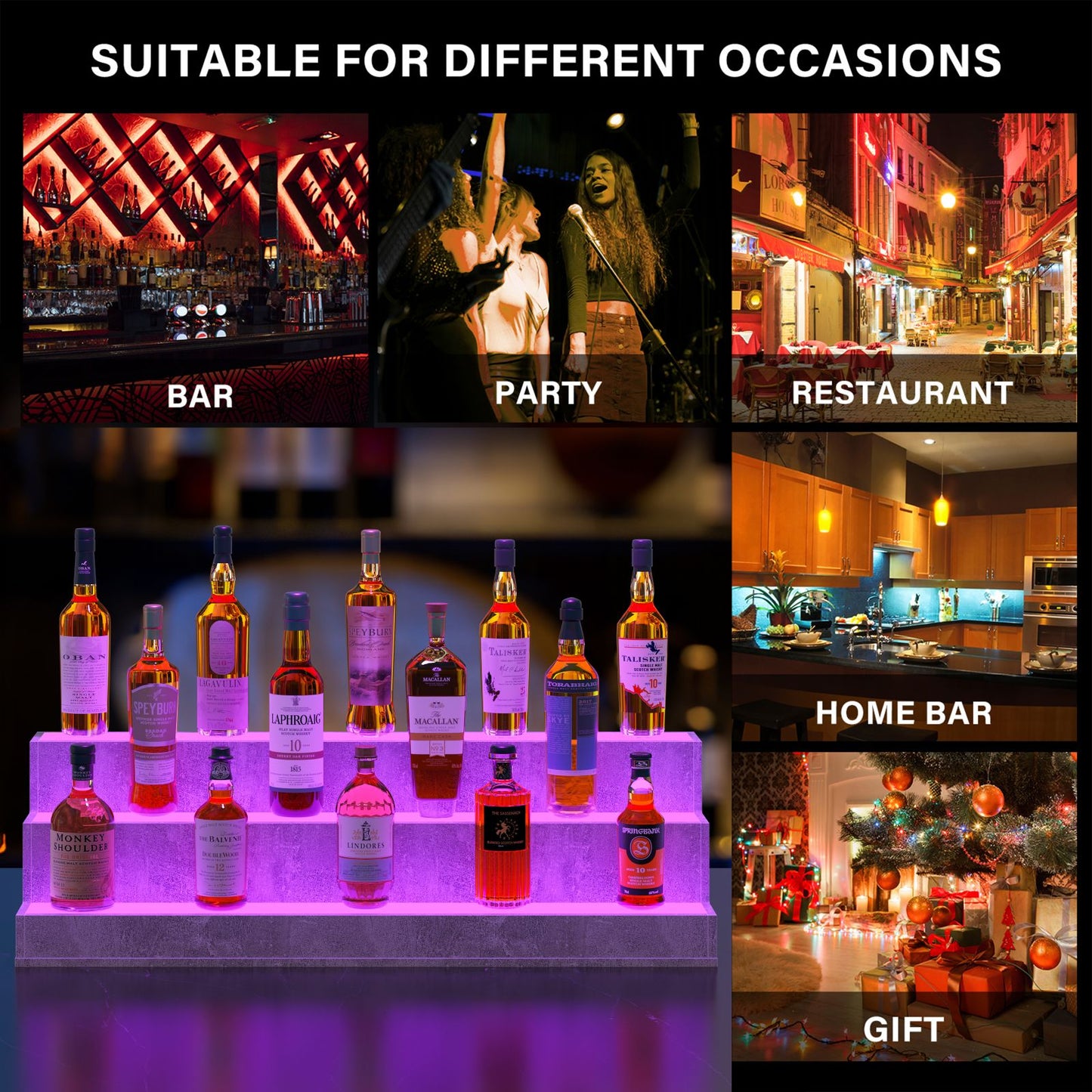 LED Lighted Liquor Bottle Display Shelf, 37 Inch Bar Display Shelf, DIY Illuminated Bottle Shelf With App & Remote Control, 3 Step Freestanding Holding Bottles For Home Bar, Party, Grey