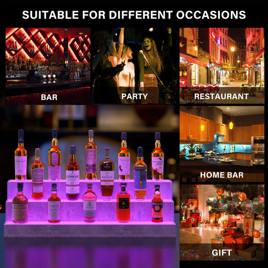 LED Lighted Liquor Bottle Display Shelf, 37 Inch Bar Display Shelf, DIY Illuminated Bottle Shelf With App & Remote Control, 3 Step Freestanding Holding Bottles For Home Bar, Party, Grey