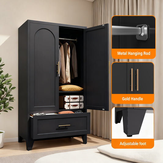 60inch Tall Metal Wardrobe Cabinet With 1 Drawer And Hanging Rod, 2 Doors Wardrobe Closet With Shelf For Bedroom, Office, Laundry Room,Entryway ,Foyer,Guesthouse Black