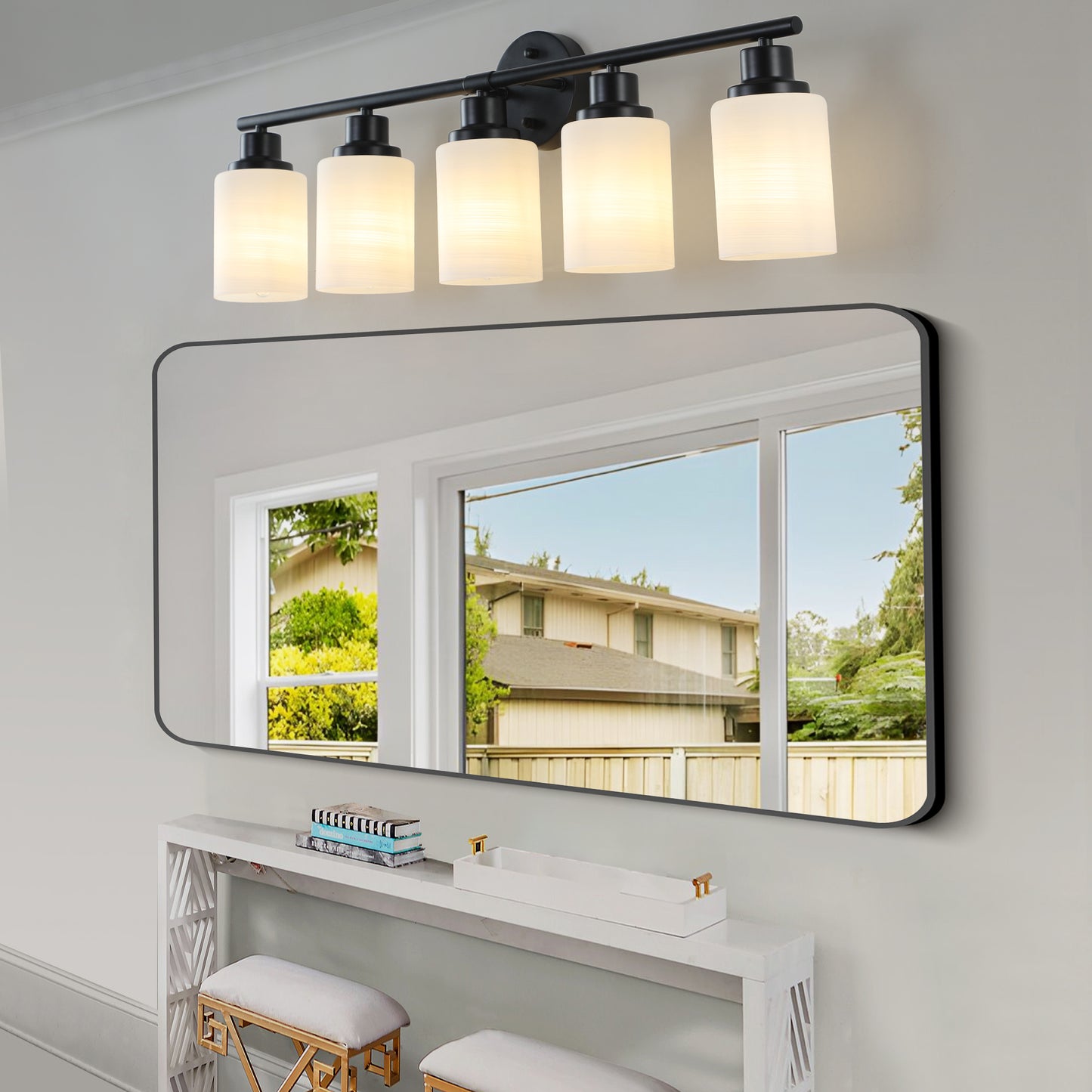 31  Modern 5-Light Vanity Bathroom Mirror Light, Frosted White Glass With Black Iron Frame, Contemporary Wall Sconce For Bedroom, Bathroom, And Dressing Room  Bulb Not Included