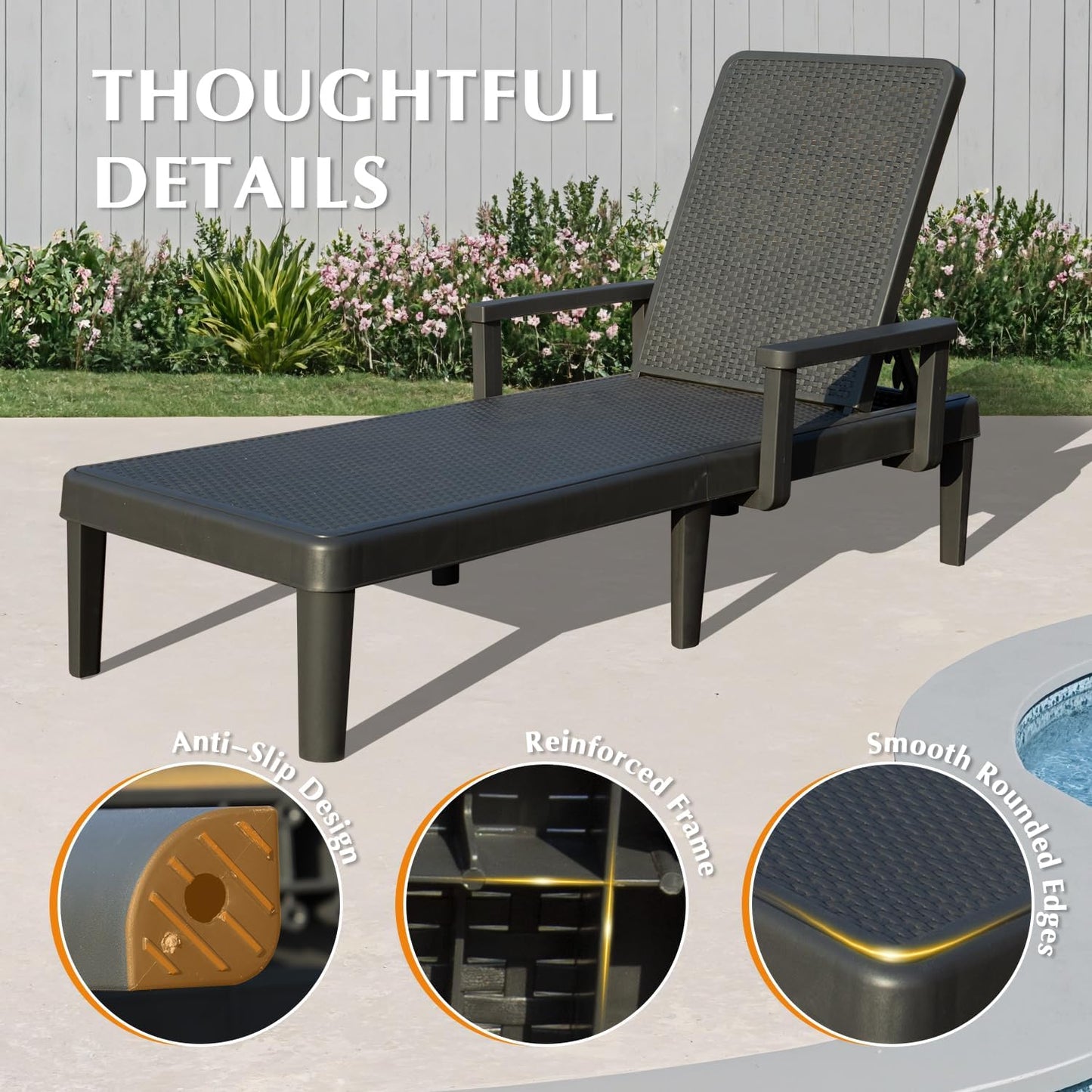 Pool Lounge Chairs Set Of 2, Outdoor Lounge Chairs With 6 Positions Backrest Adjustable Armrest, Resin Waterproof Chaise Lounge Outdoor For Poolside Patio Garden Deck