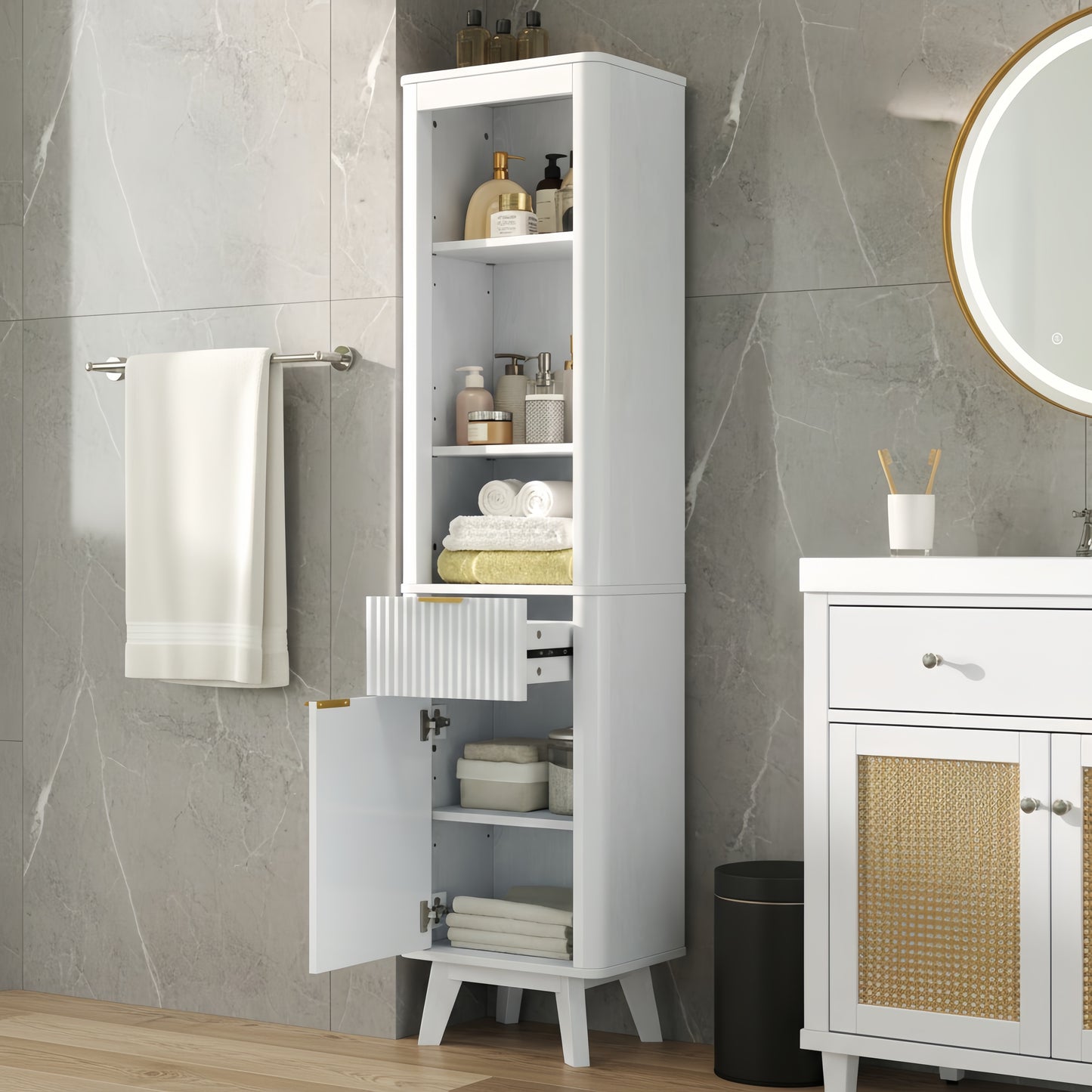 68  H Tall Bathroom Storage Cabinet With  Adjustable Shelves And One Drawer & Door, Storage Cabinet For Bathroom, Living Room, Entryway & Kitchen, White