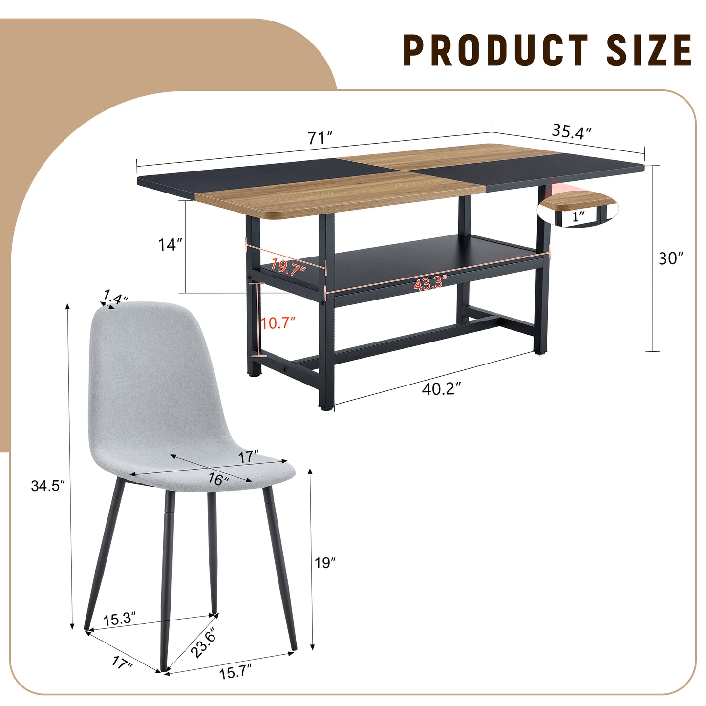 Table And Chair Set.71x35.4 Inch Wooden And Black Spliced Dining Table With Storage Function In The Middle Of The Table Legs.Paired With 6 Light Gray Linen Fabric Chairs.