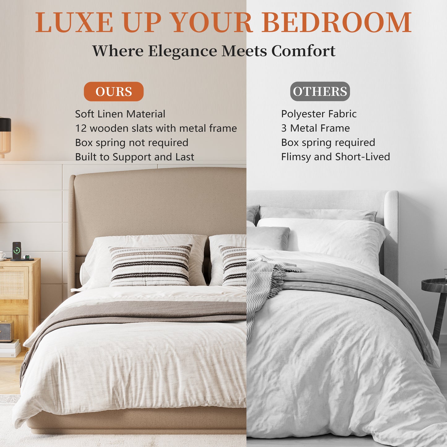 Upholstered Queen Bed Frame With Wingback Headboard, Low Profile Platform Bed With Padded Headboard, No Box Spring Needed, Easy Assembly, Elegant Linen Fabric, Brown