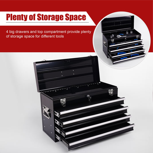 Heavy Duty Metal Tool Box, 21-inch, Portable Metal Tool Box With 4 Drawers, Small Tool Chest With EVA Liners, Ball Bearing Slide Drawers Locking & Powder Coated Finish, Multi-Function Tool Organizer