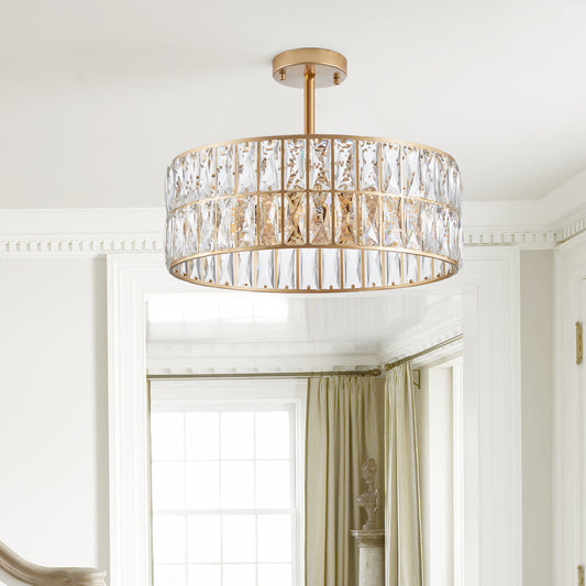 Golden Modern Crystal Drum Chandelier, 6-Light Pendant Lighting Fixture With Metal Frame For Living Room, Dining Room, And Bedroom Bulbs Not Included