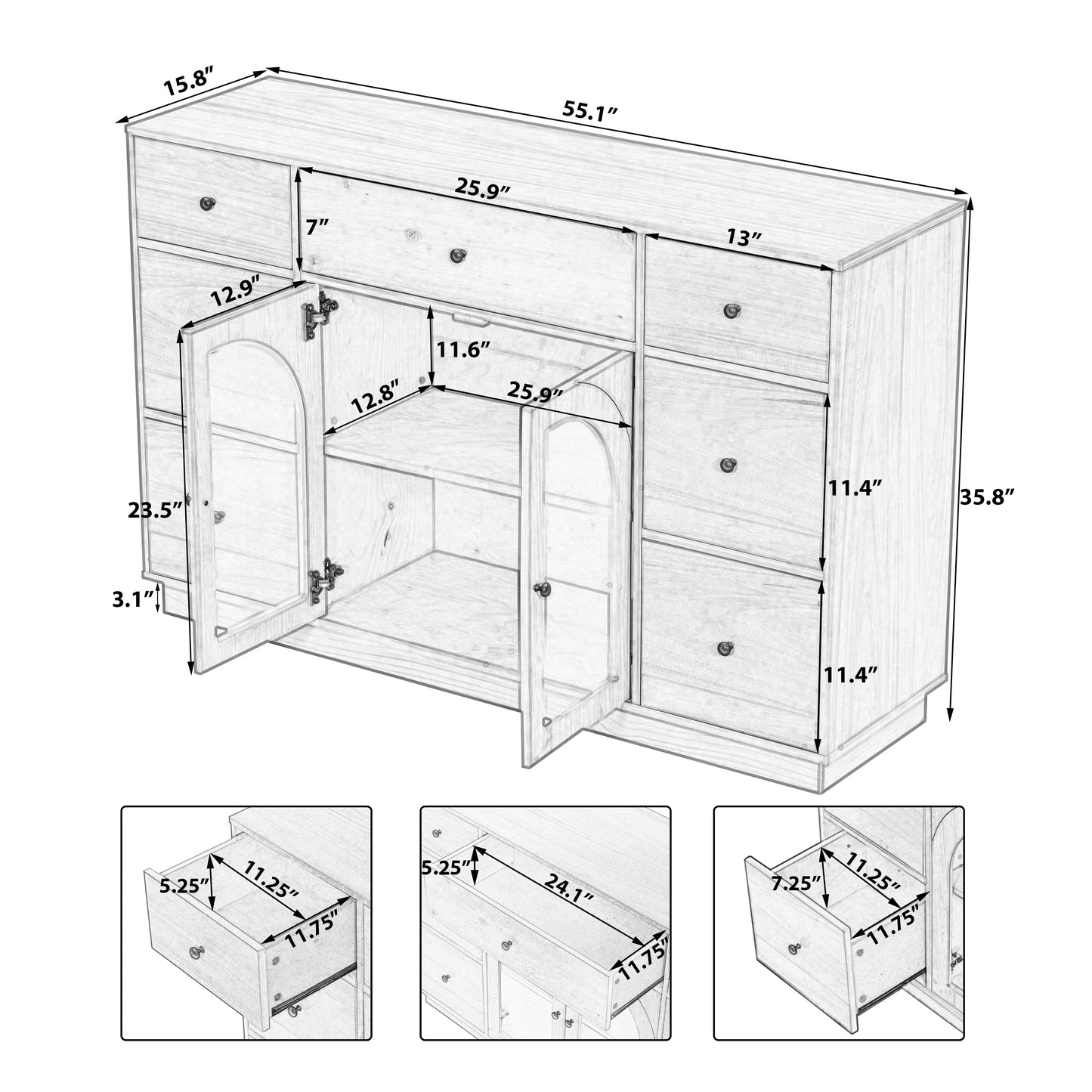 Cabinet With Storage For Living And Dining Room Entrance, Large Size, 2 Doors And 7 Drawers, Black