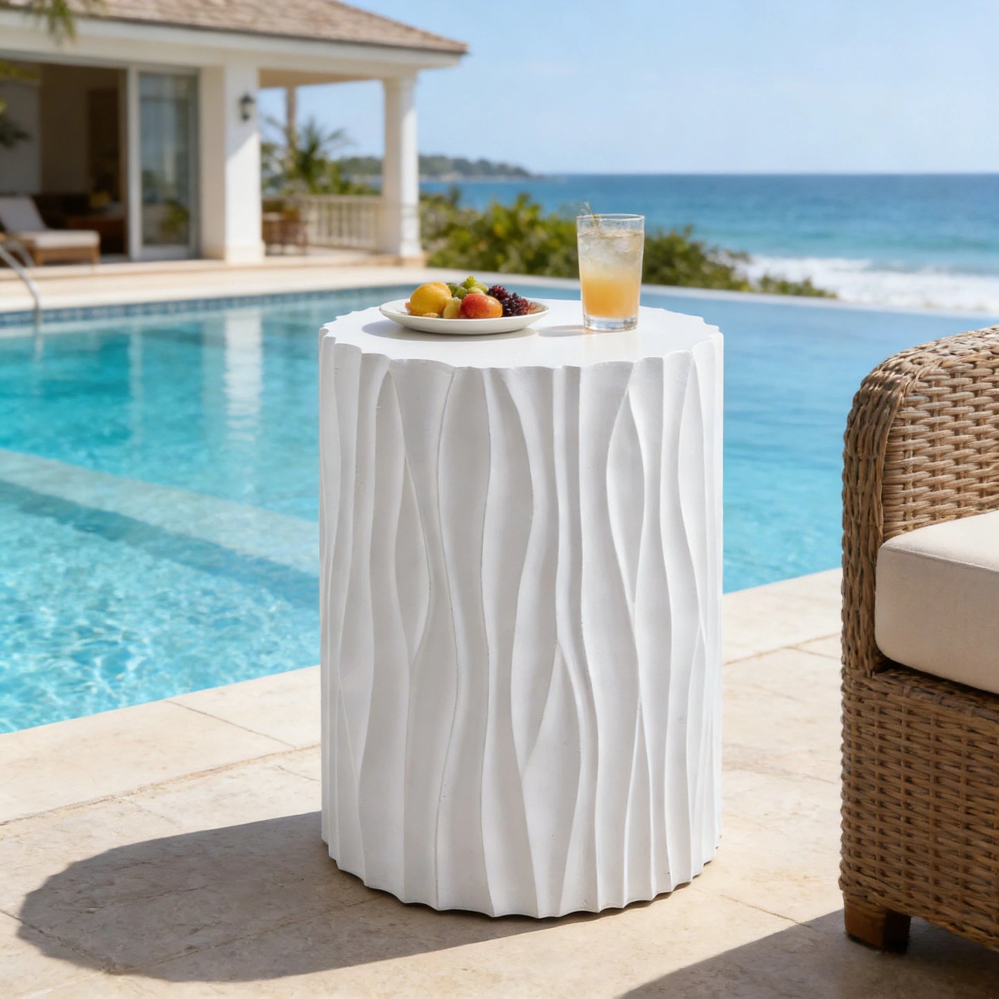 Modern White Outdoor Side Table With Wavy Fluted Design - 15.75  Round, 21.97  H, MGO Material, 66 Lbs Capacity, Assembly-Free For Patio, Garden, Or Balcony