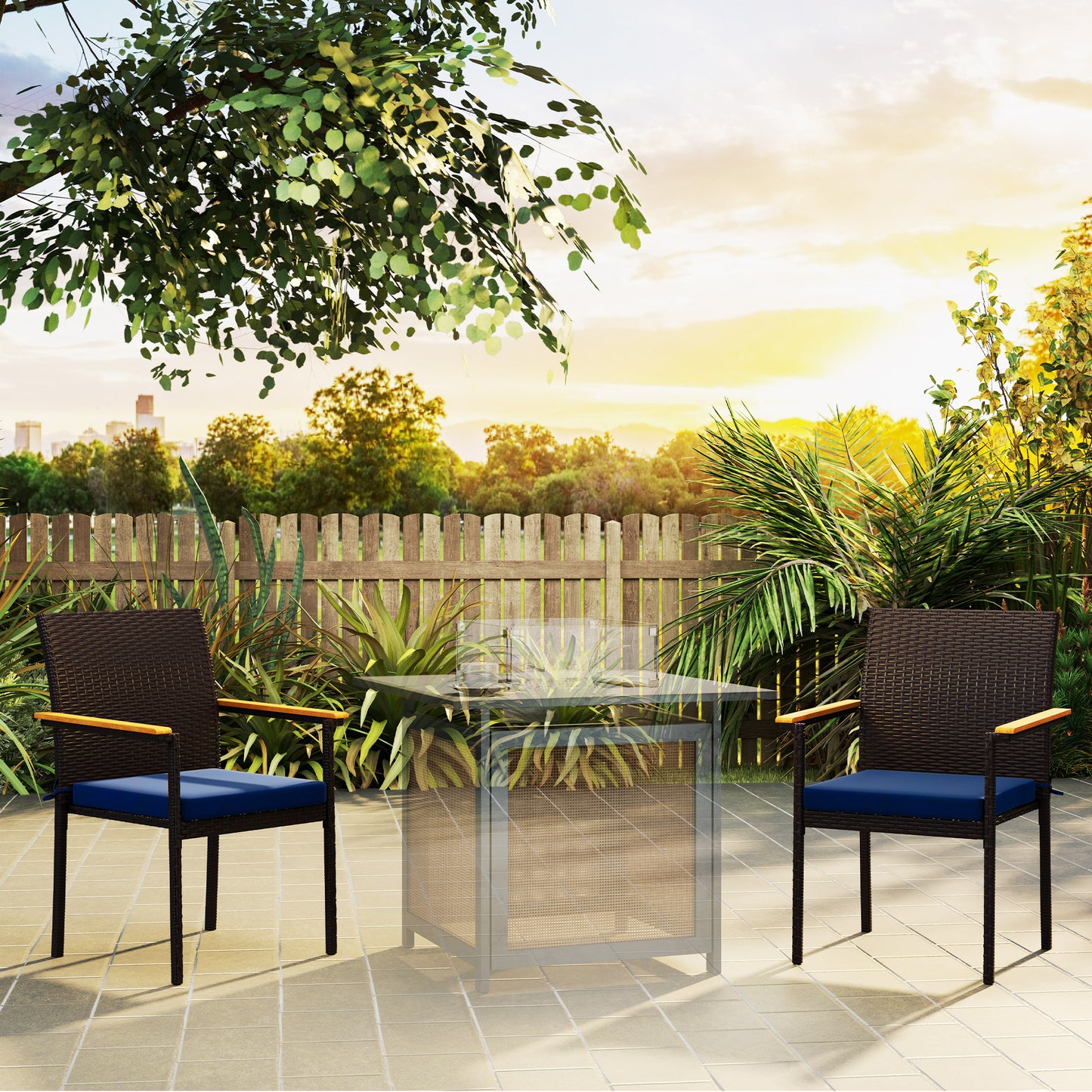 Stackable Patio Wicker Dining Chair Set Of 2 With Cushions, Backrest, Armrests For Deck, Garden, Navy Blue
