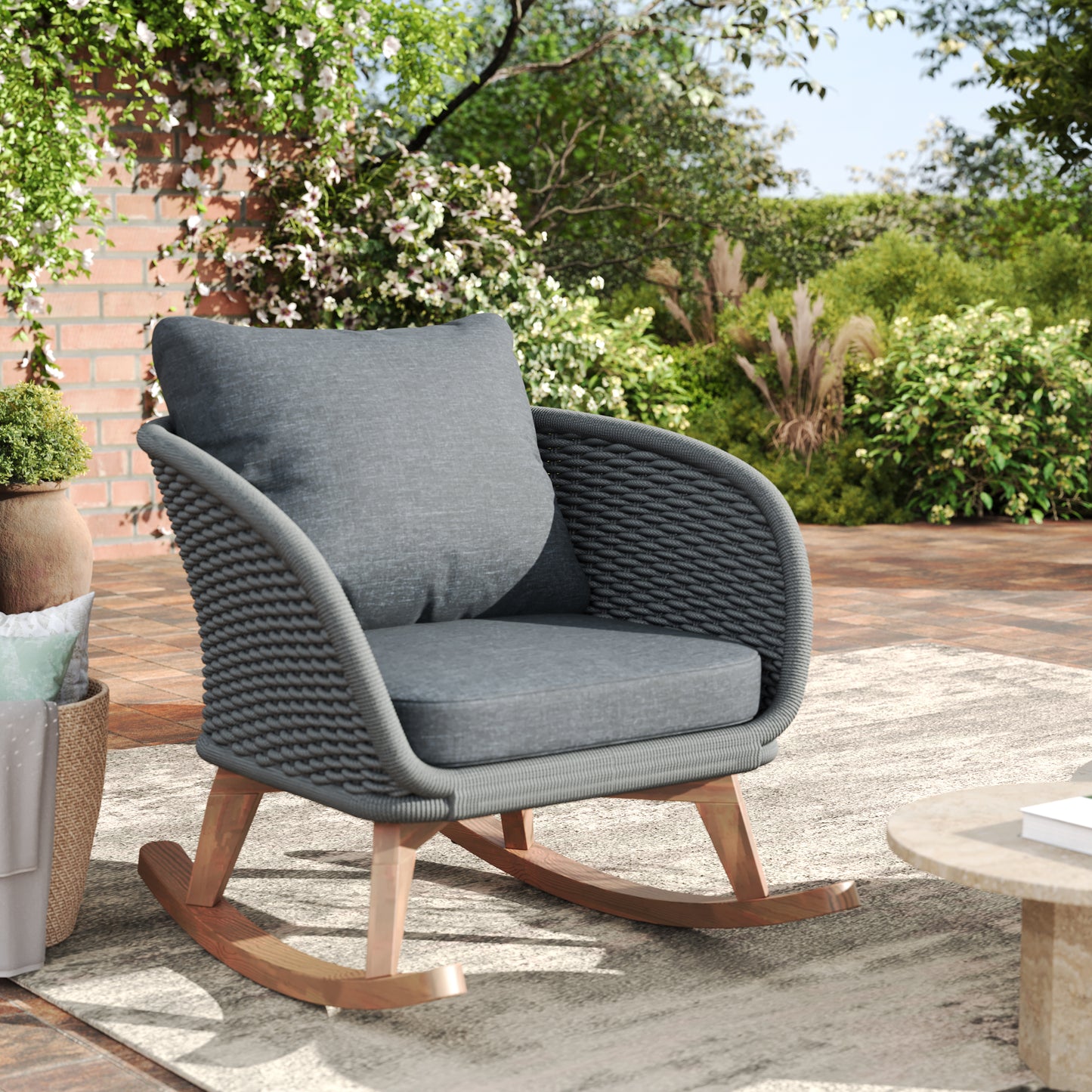 29.5  Contemporary Minimalist Gray Wicker Rocking Chair With Soft Polyester Cushions And Durable Wooden Frame, Perfect For Indoor And Outdoor Spaces Like Patio, Balcony, Or Living Room