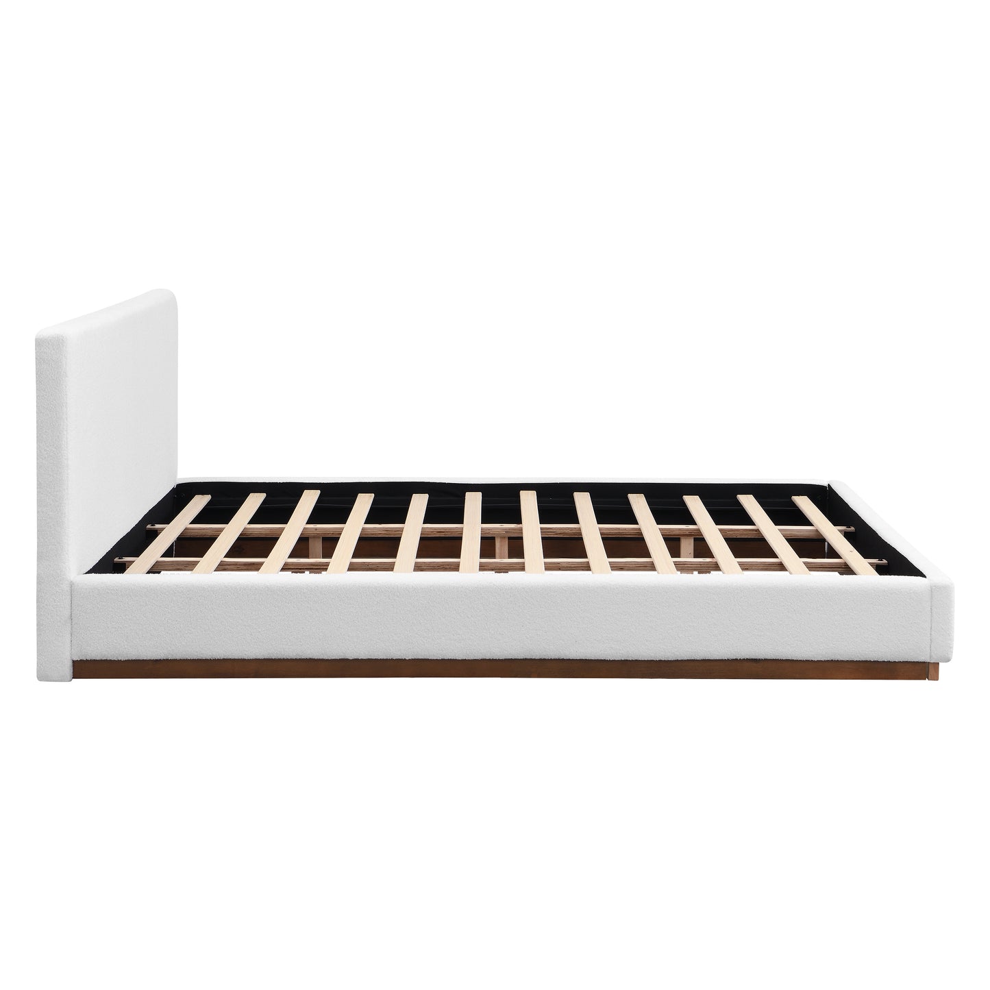 Elegant White Fabric Upholstered Bed With Nice Wood Grain Textured Solid Wood Base Frame,White,King