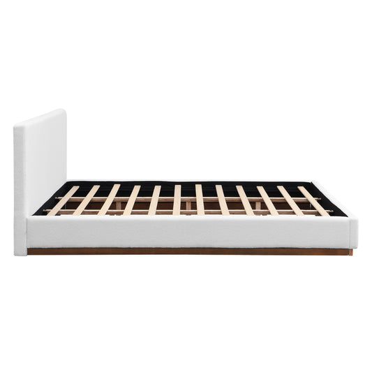 Elegant White Fabric Upholstered Bed With Nice Wood Grain Textured Solid Wood Base Frame,White,King