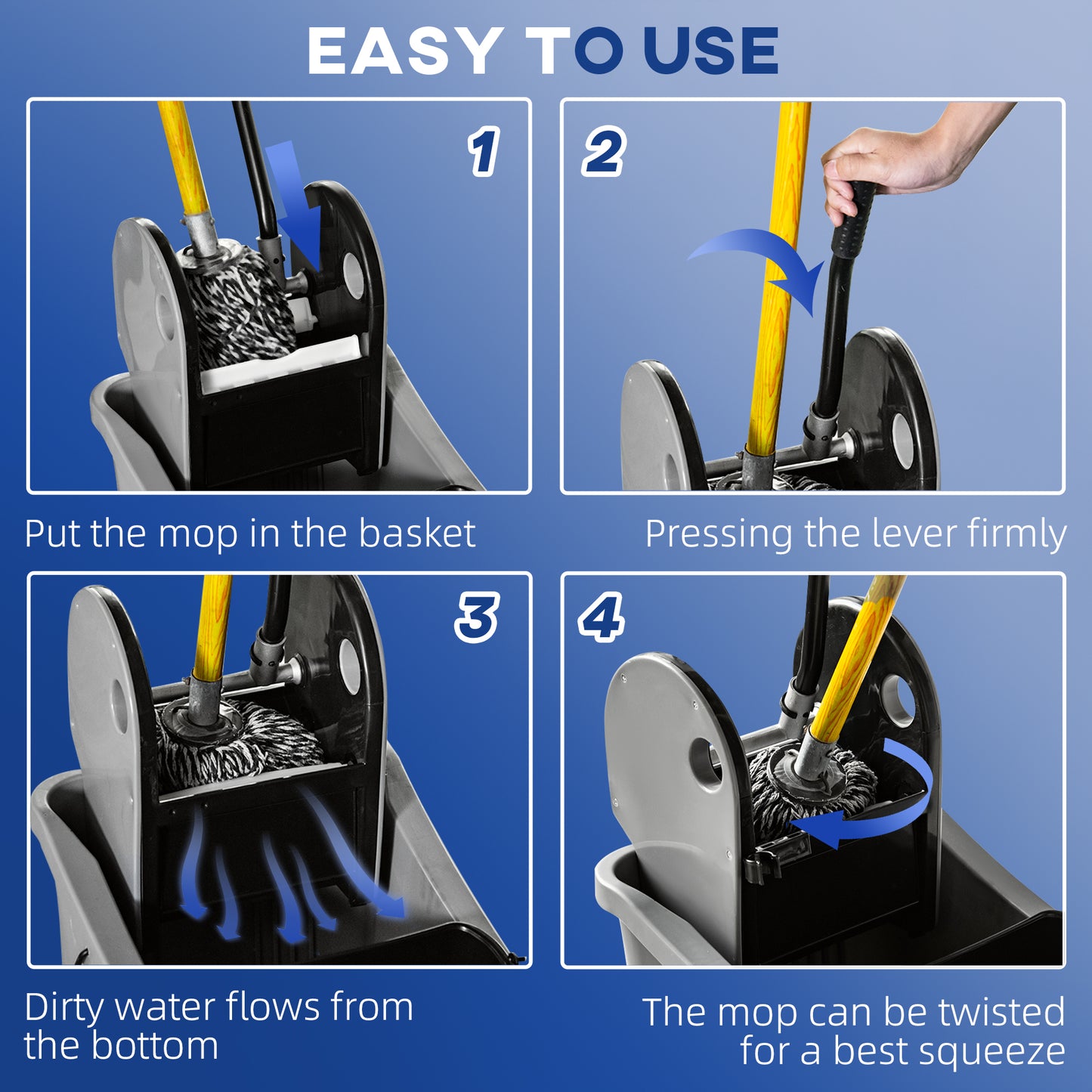 9.5 Gallon (38 Quart) Mop Bucket With Wringer Cleaning Cart, 4 Moving Wheels, 2 Separate Buckets, & Mop-Handle Holder, Grey