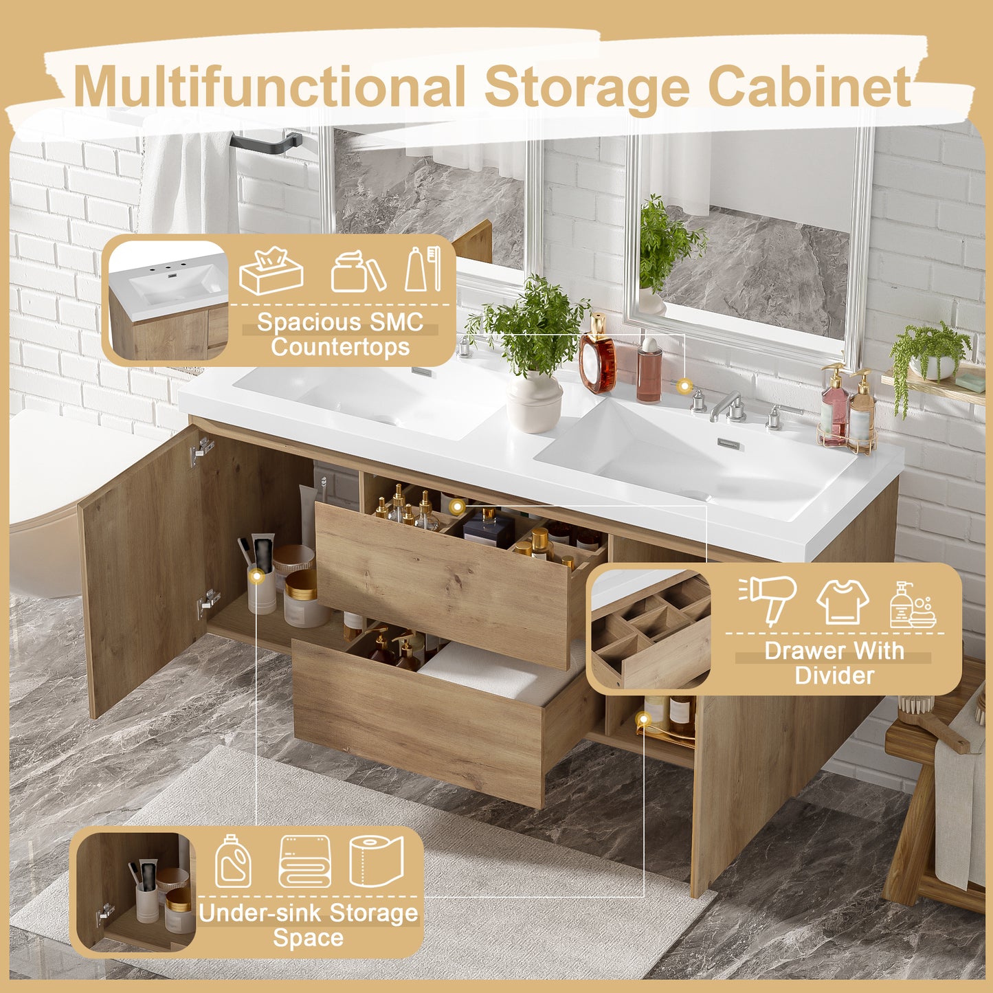 59.3 Inch Double Sink Bathroom Vanity With SMC Top, MDF Cabinet, Soft Close Doors, Divided Drawers, Wall-Mounted Modern Storage Vanity For Large Bathrooms