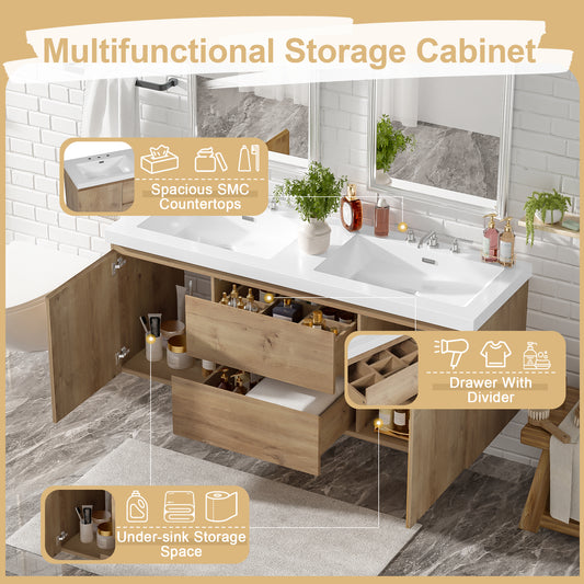 59.3 Inch Double Sink Bathroom Vanity With SMC Top, MDF Cabinet, Soft Close Doors, Divided Drawers, Wall-Mounted Modern Storage Vanity For Large Bathrooms
