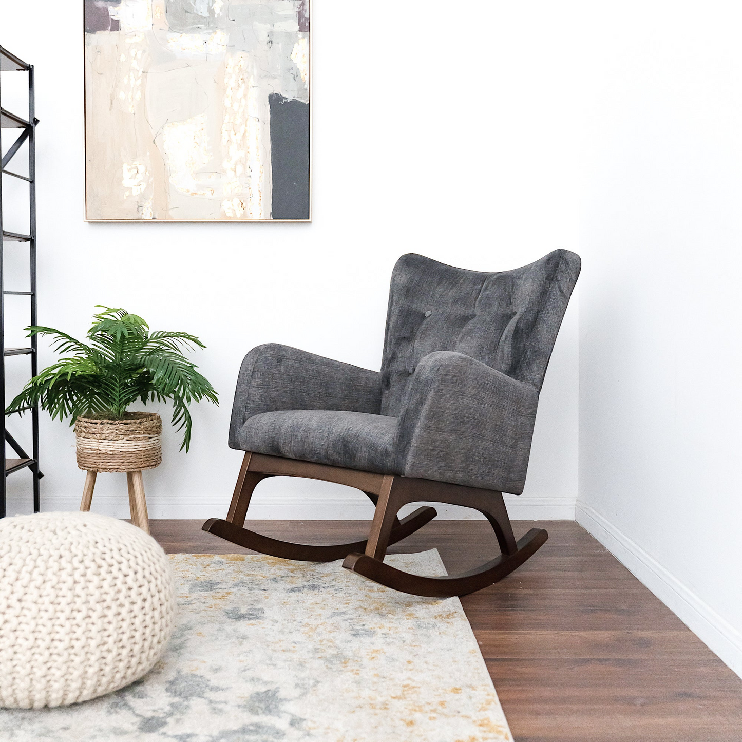 Alistair Solid Wood Rocking Chair With Stain Resistant Fabric In Brown And Dark Gray, 36x26x36.5 Inches For Living Room, Nursery, Bedroom