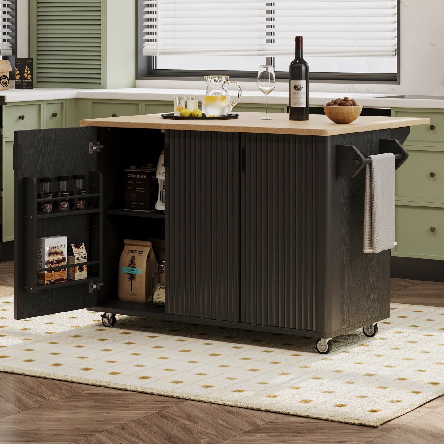 K&K 51   Fluted Kitchen Island With Drop Leaf, Farmhouse Accent Kitchen Island On Wheels With Internal Storage Rack, Rolling Kitchen Cart With Towel Rack For Kitchen, Dining Room, Black Ash