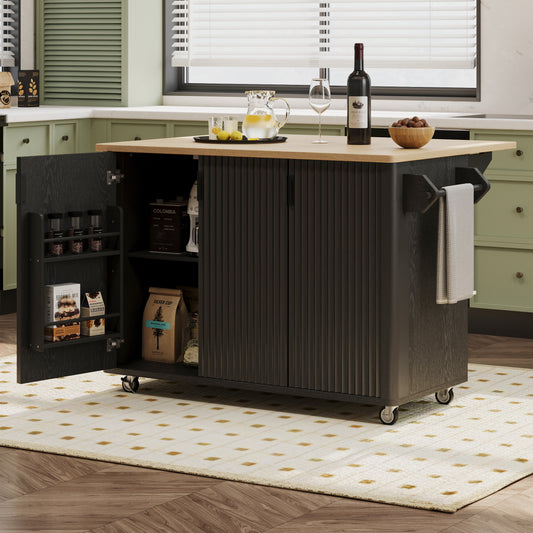 K&K 51   Fluted Kitchen Island With Drop Leaf, Farmhouse Accent Kitchen Island On Wheels With Internal Storage Rack, Rolling Kitchen Cart With Towel Rack For Kitchen, Dining Room, Black Ash