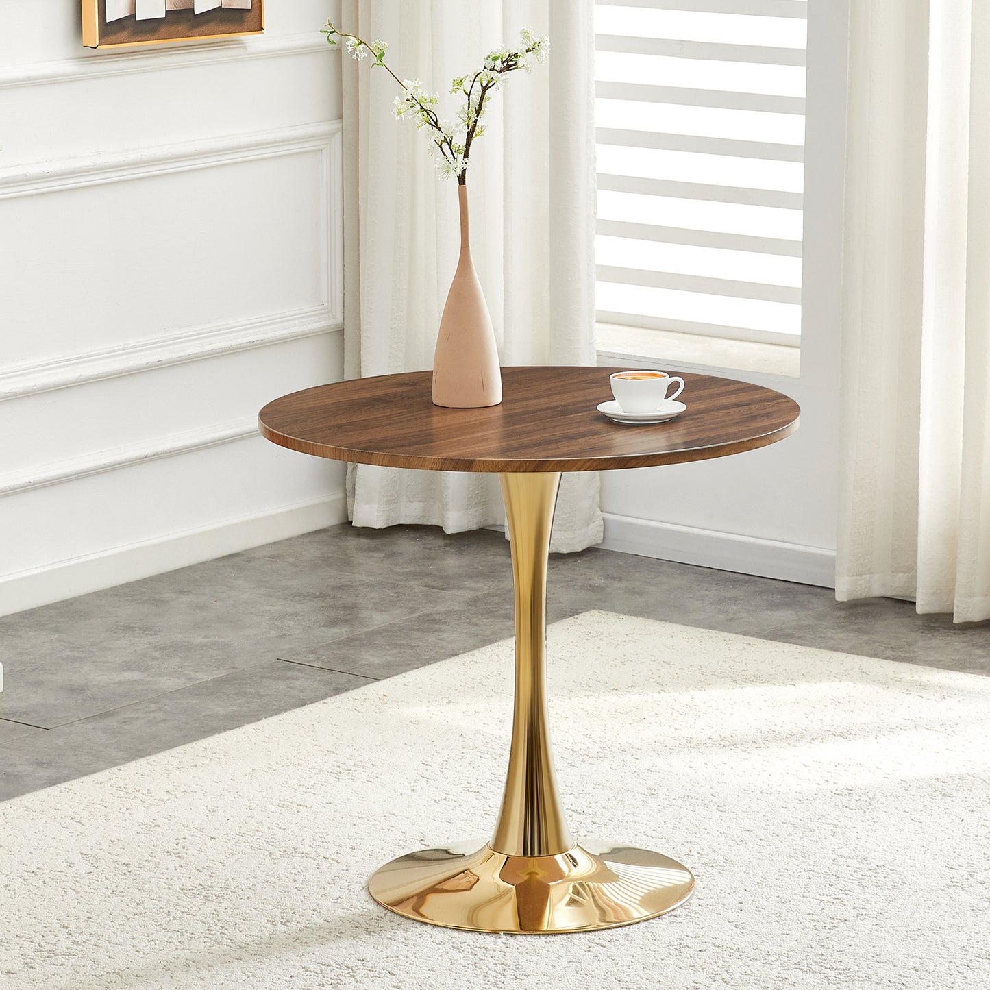 Round Dining Table, 31.5in Circle Tulip Table With Thickened Tabletop & Metal Pedestal, Mid Century Modern Bistro Table For Kitchen, Small Places, Living Room, Cafe  Faux Walnut