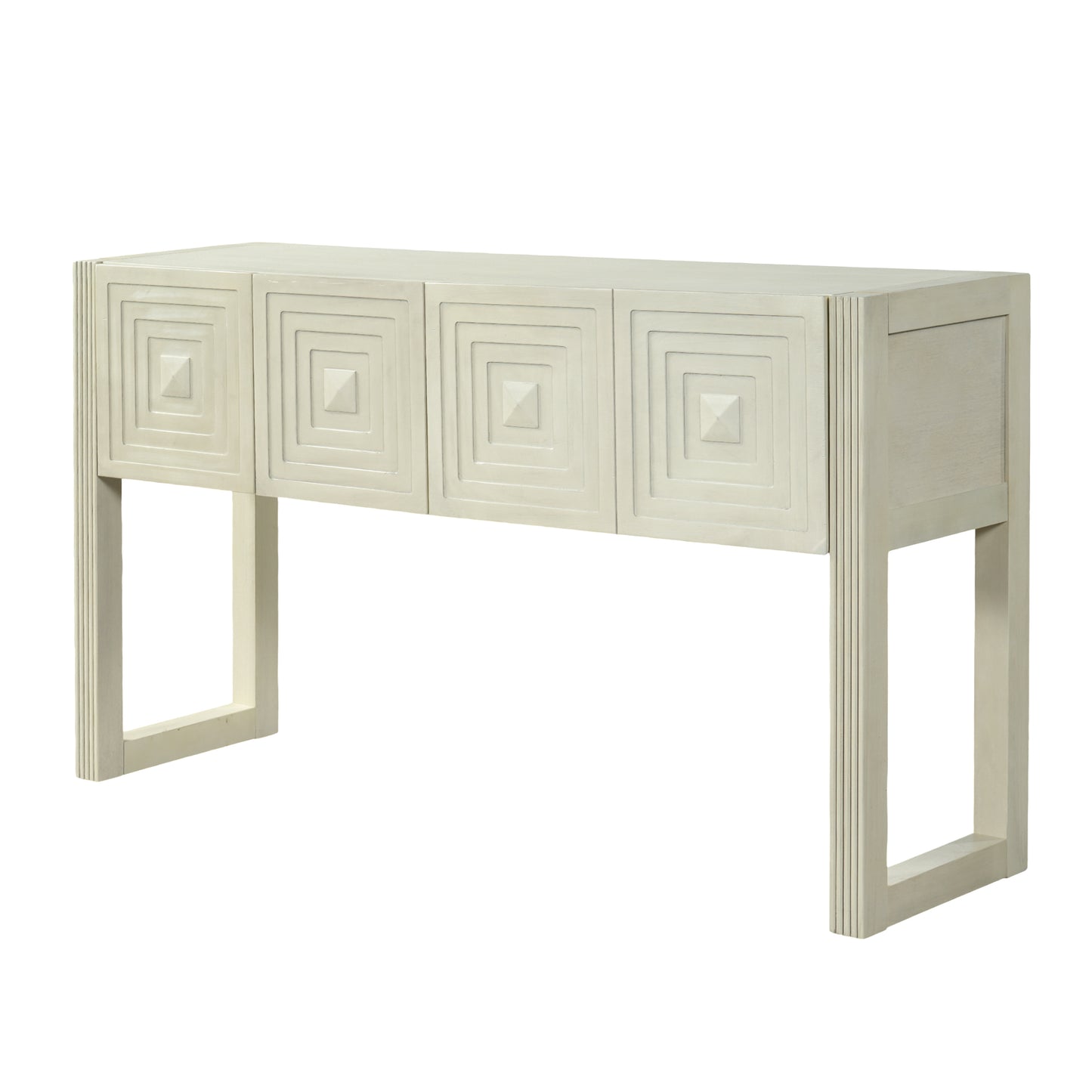 Video Geometric Carved Console Table With 3 Soft-Close Drawers, Fluted Leg Details, Entryway Sofa Table For Living Room Hallway, Natural