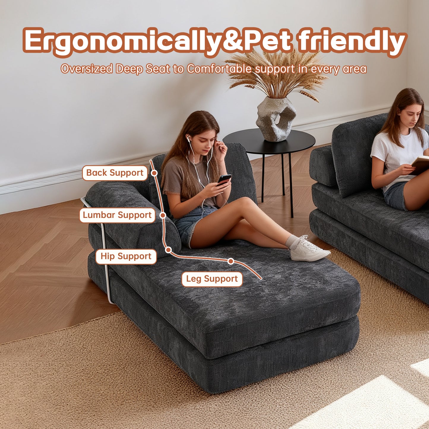 104  Boneless Sofa,Sectional Compressed Couch With Chaise, Deep Seat Modular Sectional Sofa Chenille Memory Foam Sofa Boneless Couches For Living Room Bedroom, No Assembly Required