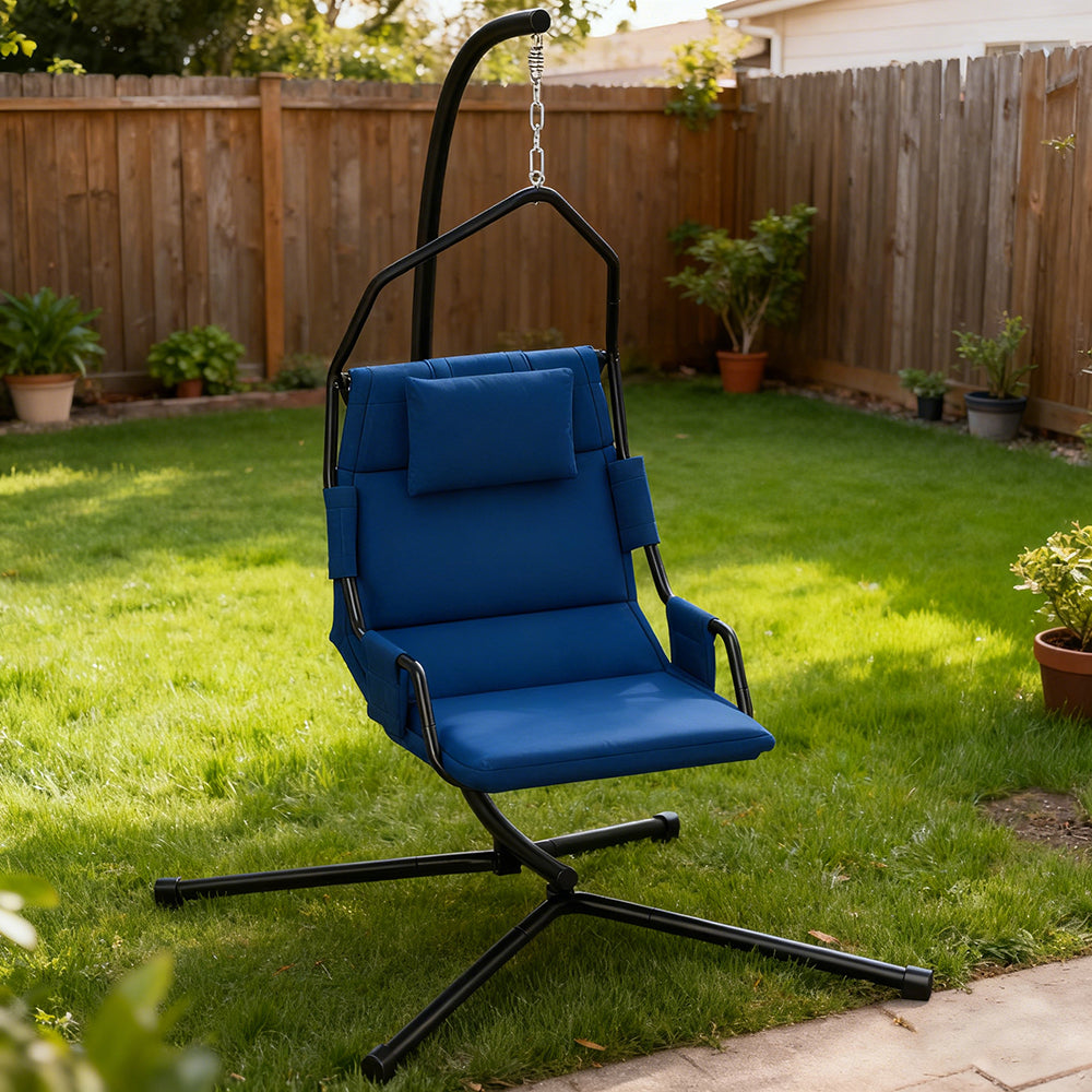 Hammock Chair With Stand And PA Coating Cushion, Hanging Swing Chair With Steel Frame For Indoor And Outdoor, With Padded Armrests And A Supportive Headrest