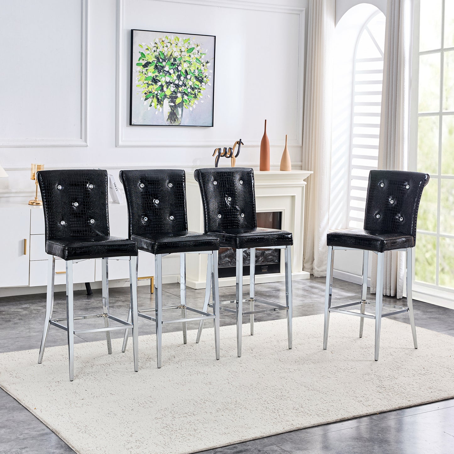 A Set Of 2 Black Vintage Crocodile Leather Bar Chairs, Featuring Crystal Clasp Design And Synthetic Leather Design, Adding A Touch Of Elegance And Mystery To The Dining Area