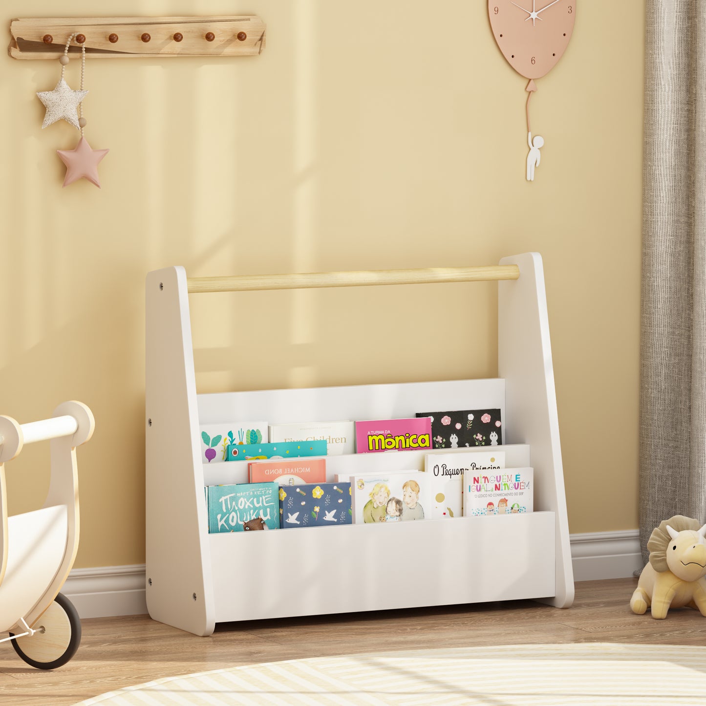 Kids Bookshelf With Wooden Handle, 2-Tier Front-Facing Toddler Bookcase, Portable Children's Book Storage Organizer For Bedroom, Playroom, Nursery, Or Classroom, White