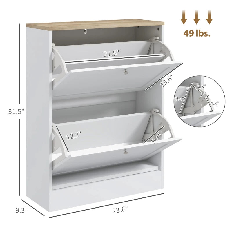 Slim Shoe Storage Cabinet, Modern Shoe Cabinet With 2 Flip Drawers And Adjustable Shelves For 8-12 Pairs, White
