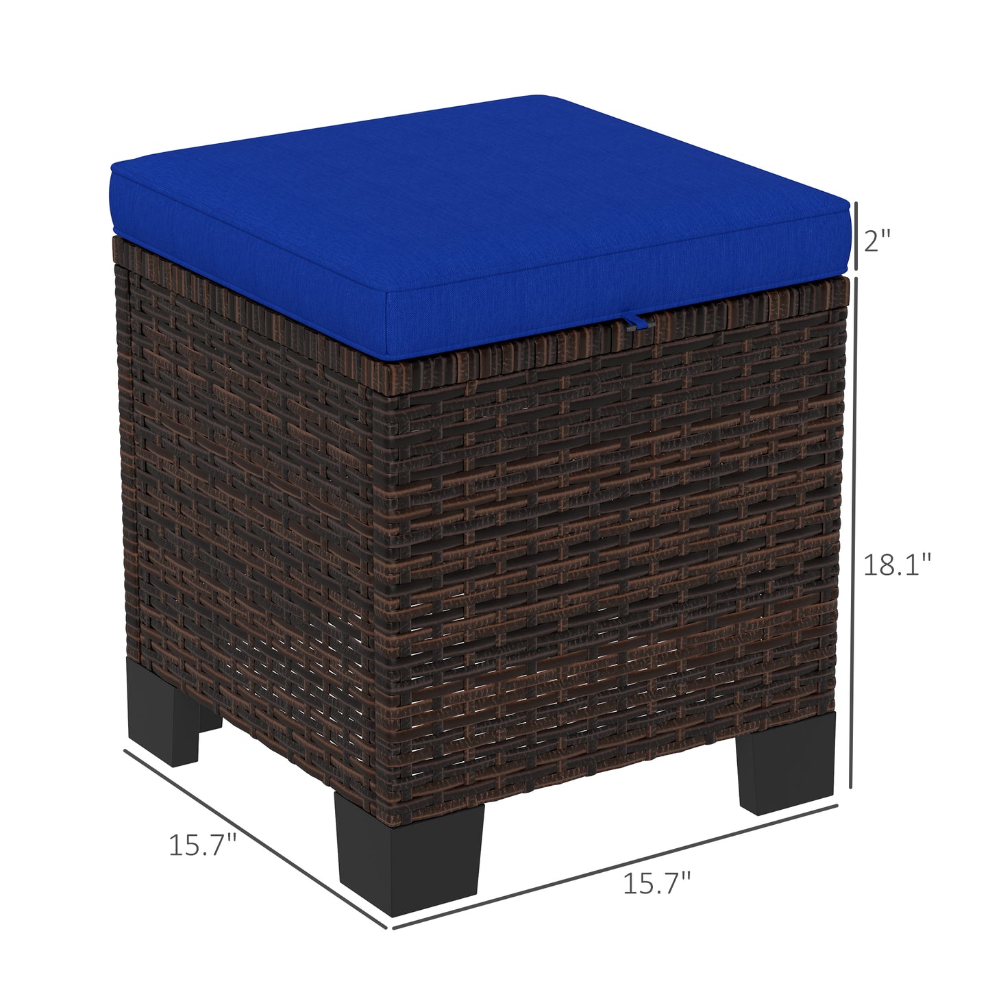 2 Piece Wicker Outdoor Ottomans With Cushions, Rattan Ottoman Footrest And Side Table For Patio, Yard, Poolside, Dark Blue