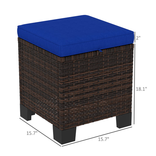 2 Piece Wicker Outdoor Ottomans With Cushions, Rattan Ottoman Footrest And Side Table For Patio, Yard, Poolside, Dark Blue