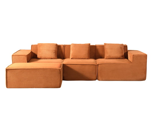 CozyForm Convertible Corduroy Sectional Couch With Ottoman & Pillows, Modular L Shaped Sleeper Sofa, Boneless Cloud Couch For Living Room Furniture, Red Orange